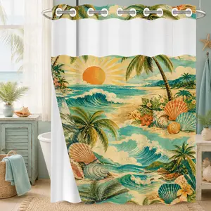 1Pc Hookless Waterproof Shower Curtain, Vintage Island Sunrise Palm Shell Seaside Illustration Print, Quick Dry Mildew Proof Fabric, Removable Snap-in Liner Accessory, Top See-Through Window, American Vacation Fresh Divider Curtain 71×74 Inch