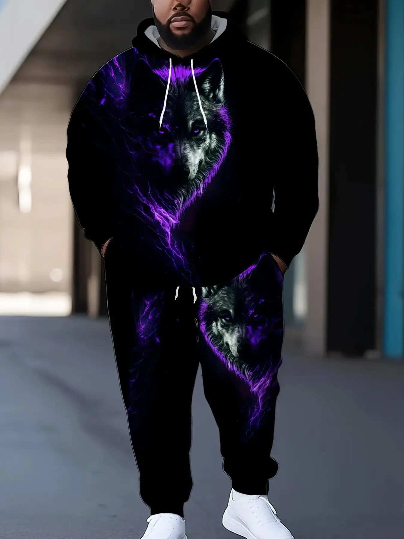 Dark Lightning Wolf Head Digital Print Hoodie and Sweatpants Set, Loose-Fit Oversize Long Sleeve Asymmetrical Casual Streetwear, Casual Clothing Set
