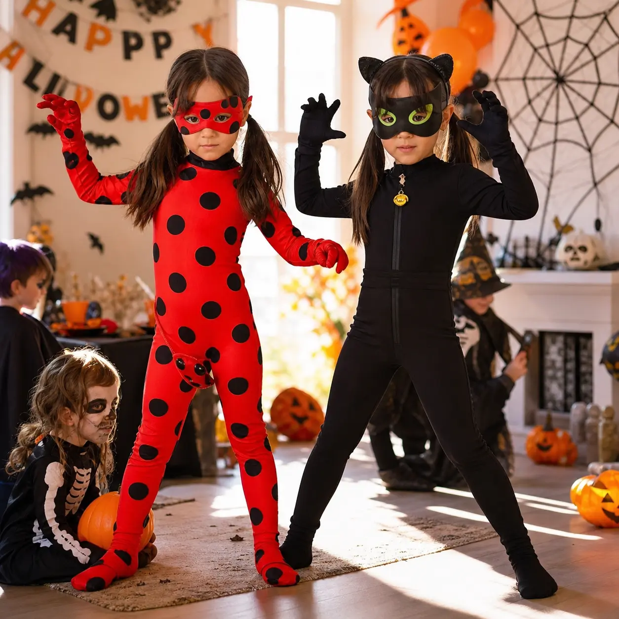 Halloween Ladybug Superhero & Black Cat Cosplay Costume for Kids & Adults - Full Set with Wig, Eye Mask, Waist Bag, Party Dress Up Outfit