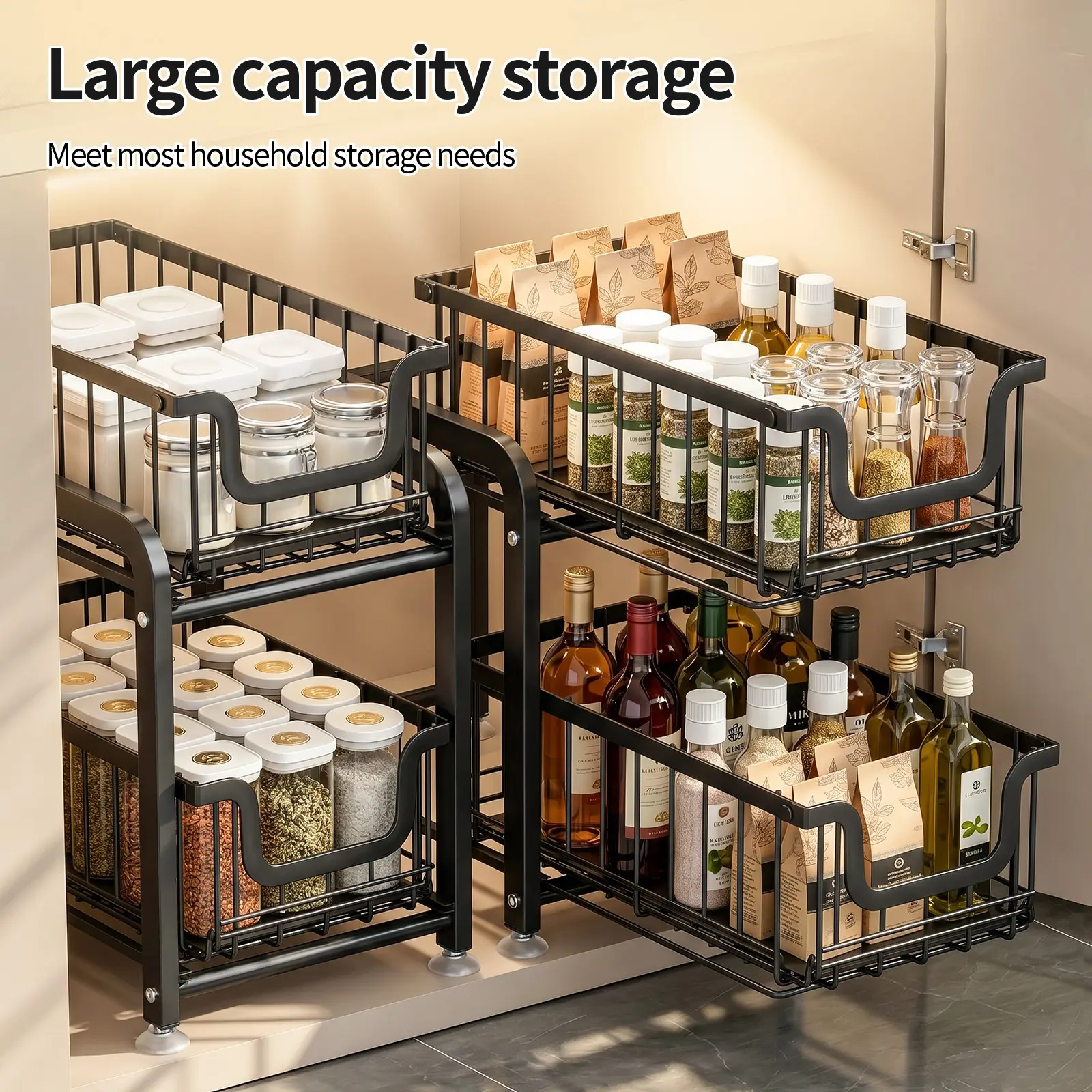 Kitchen Sink Under Cabinet Organizer, 2-Tier Pull-Out Metal Track, Thickened Storage Rack, and, Bathroom Shelf