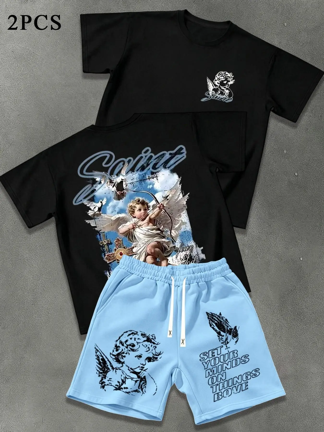 Men's Summer Set, Trendy Letter Angel Print Round Neck T-Shirt + Outdoor Drawstring Shorts, Casual Fashion, Versatile Summer