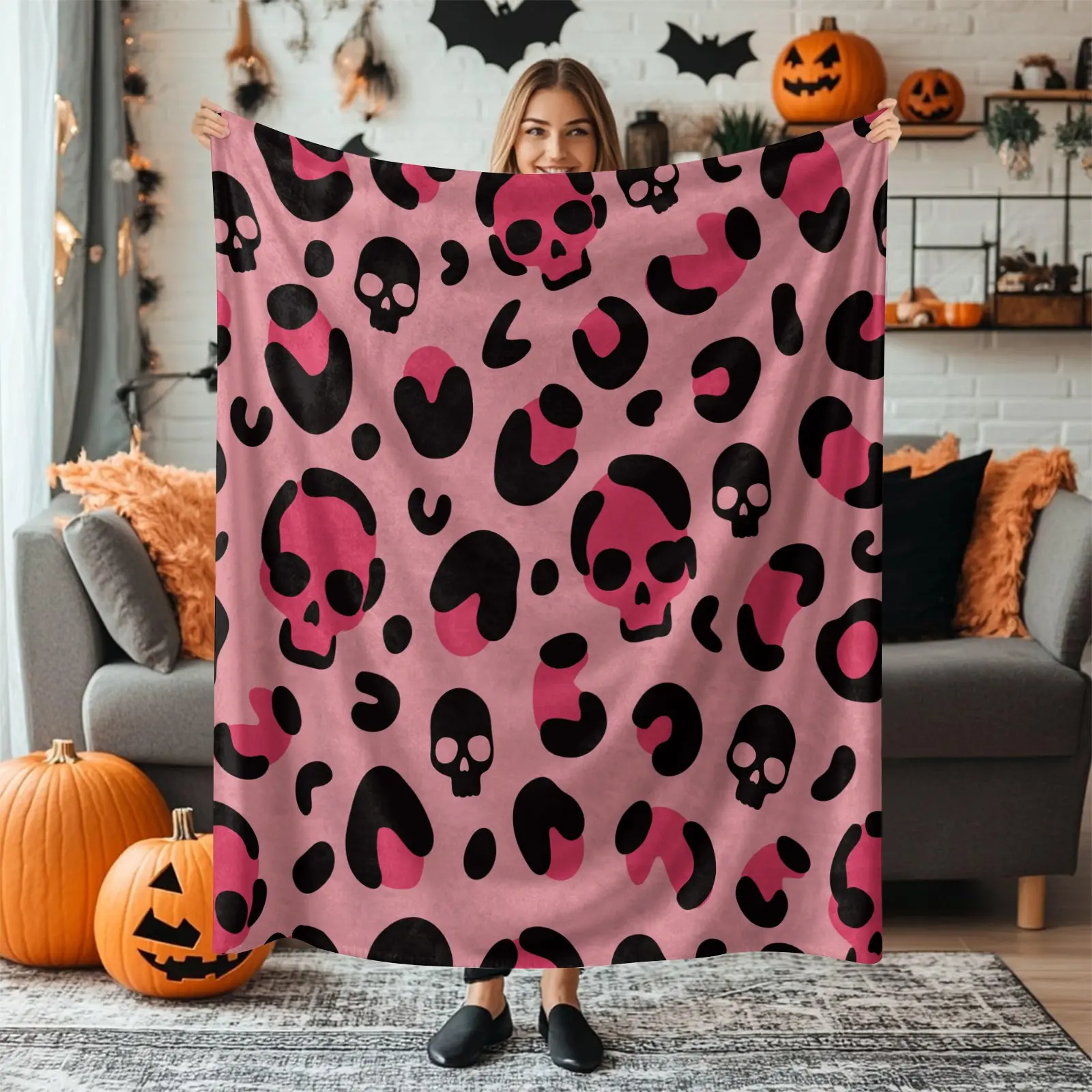 Halloween Throw Blanket Pink Leopard Skull Fleece Flannel Blanket Pastel‑Goth Halloween Soft Cozy Plush Blankets for Couch Bed Sofa Spooky Skeleton Decor, Halloween Party Bedroom Decoration Gifts