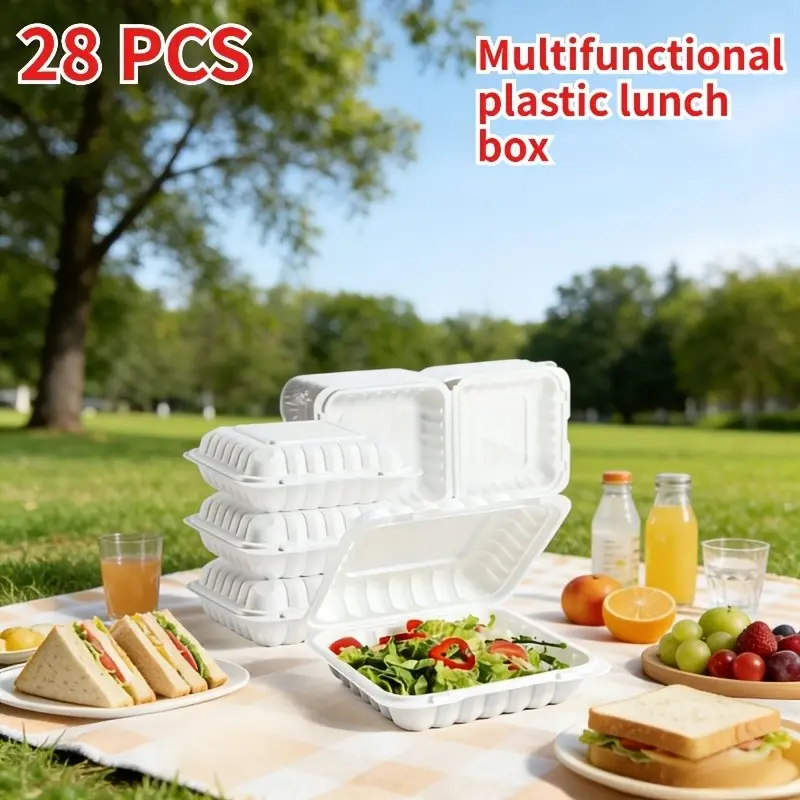 [28 Pack] PFAS FREE Clamshell Food Containers, 8x8 inch, White, Hinged Takeout Boxes, Made from Sugarcane Plant