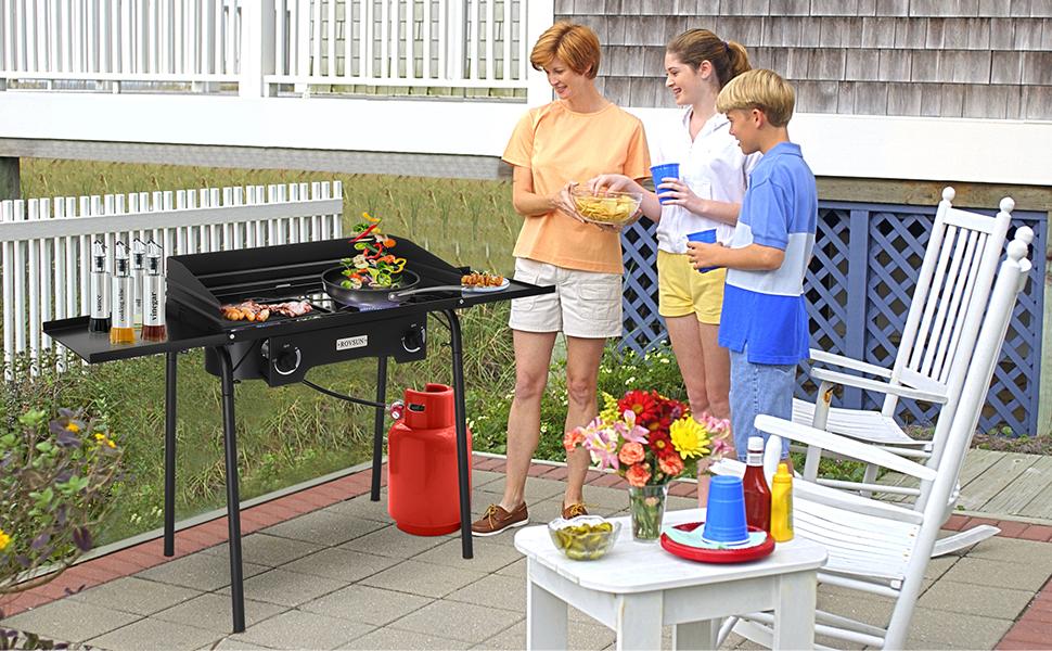 ROVSUN 2-Burner Outdoor Propane Gas Stove - 150,000 BTU Powerful Stand Cooker with Regulator, Windpanel, Carry Bag, Side Shelves | Outdoor Cooking System, Gas Tools, Turkey Fry Ready for Camping