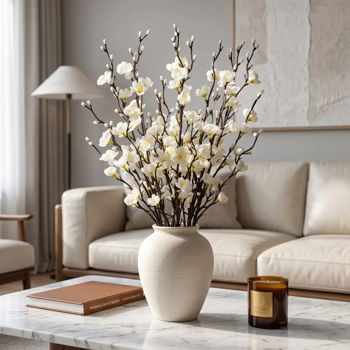 12-Pack Artificial Cherry Blossom Branches, Realistic Faux Floral Stems for Tall Vase, Elegant Spring White Flowers, Home Living Room Decor (Vase Not Included)