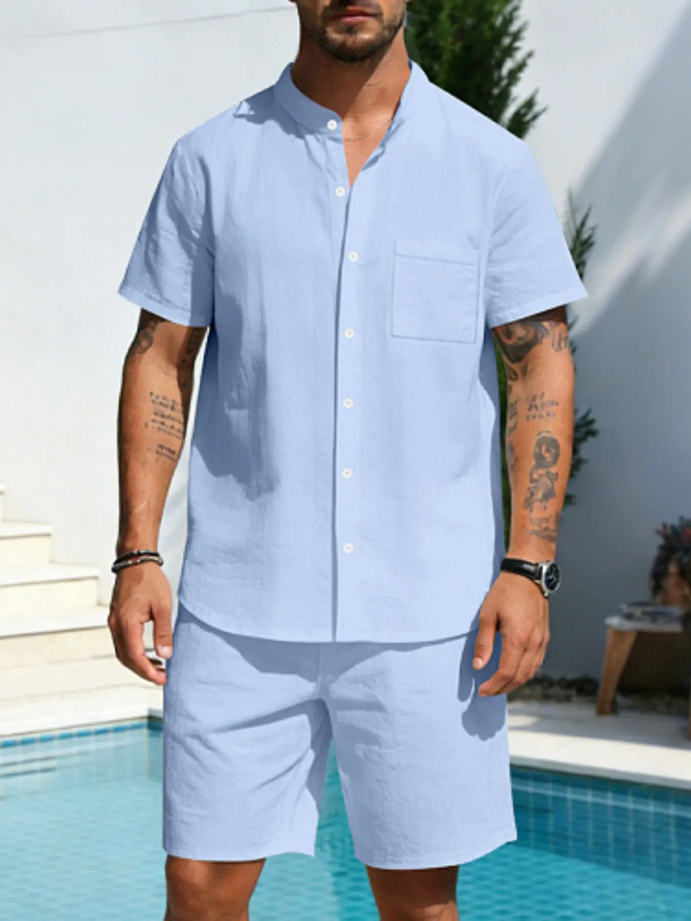 Men's Summer Linen Breathable Set, Stand Collar Single Pocket Short Sleeve Shirt, Solid Color Loose Fit Shorts, Beach Vacation Tropical Casual Style Clothes