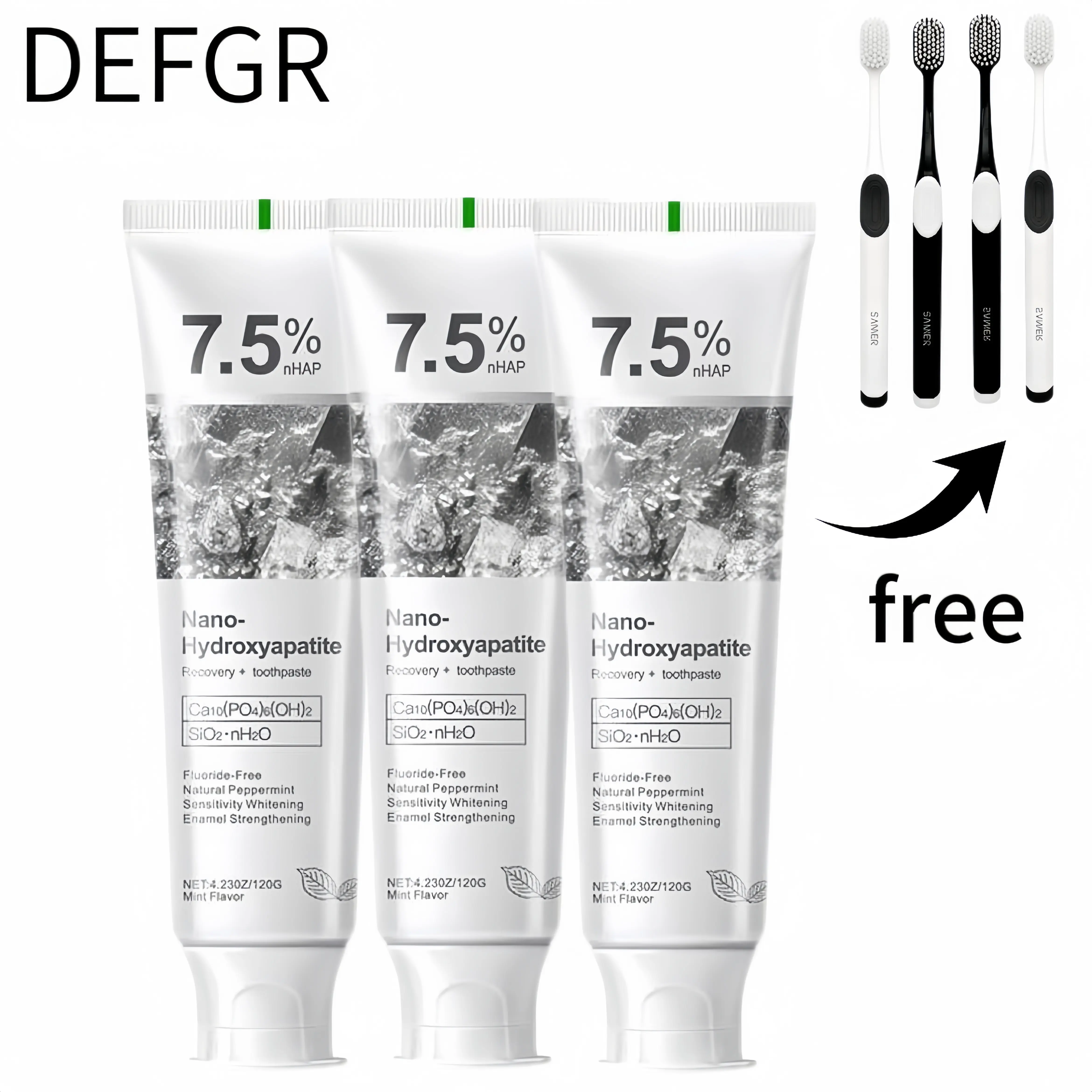 DEFGR 3PCS 7.5% Hydroxyapatite Toothpaste - Advanced Enamel Protection, Sensitive Teeth Friendly, Gentle Effective Fresh Mint Formula (Includes 4 Toothbrushes)