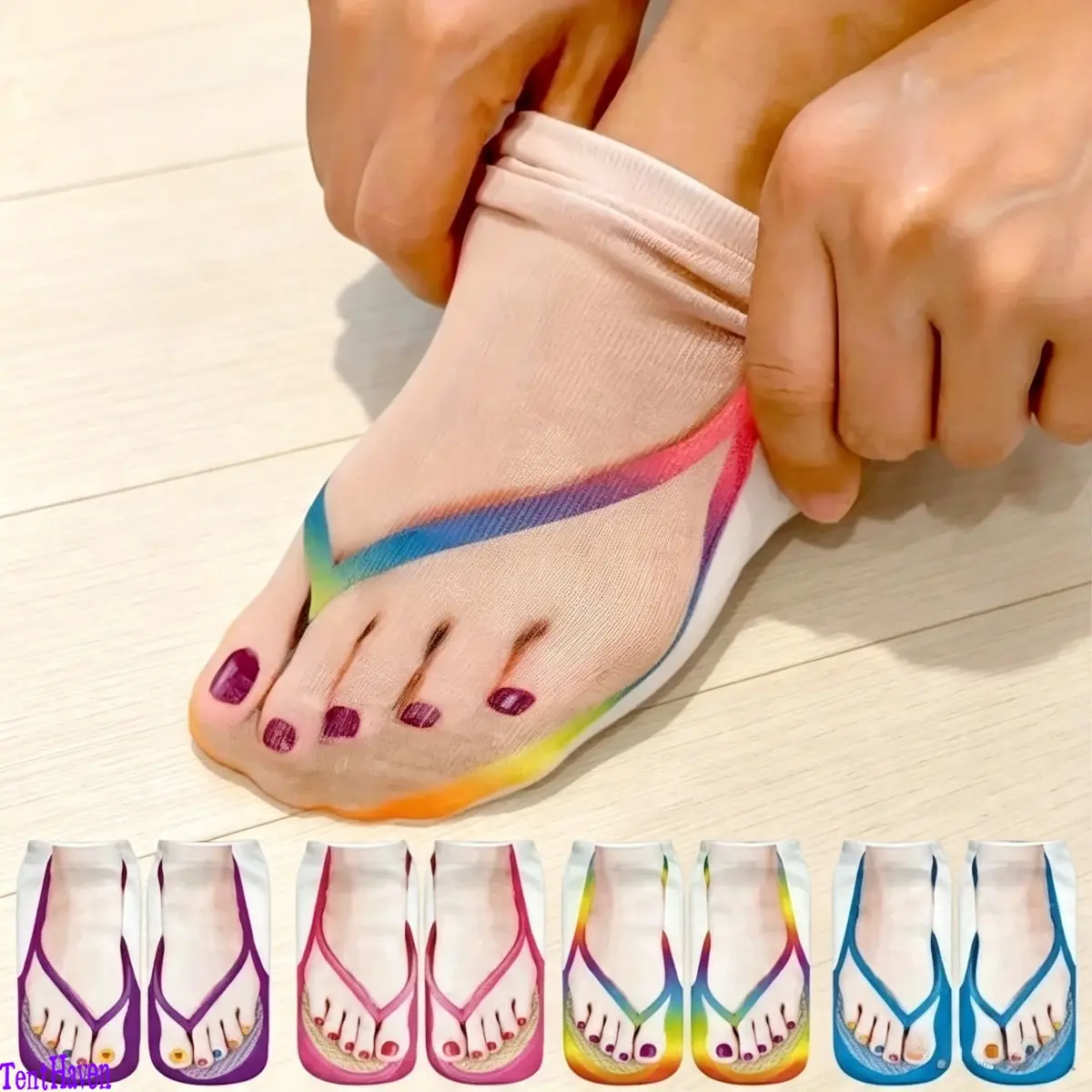 4 Pack Women’s Novelty Printed Socks, Soft Elastic Short Slouch Socks with Realistic 3D Flip-Flop & Nail Art Print, Breathable Lightweight Summer Beach Socks for Daily & Outdoor Casual Wear