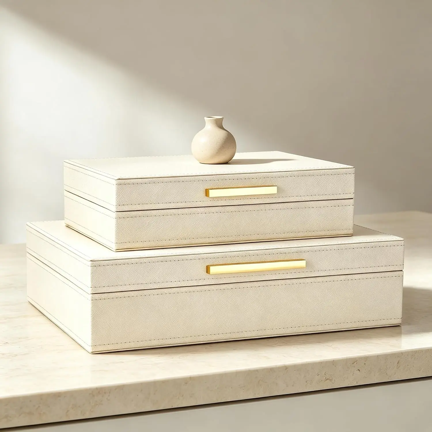 Decorative Storage Boxes with Lids, Set of 2 PU Leather Memory Box for Keepsakes, Large Decorative Box for Home Decor – Safely Store Jewelry, Documents & Photos (Beige)
