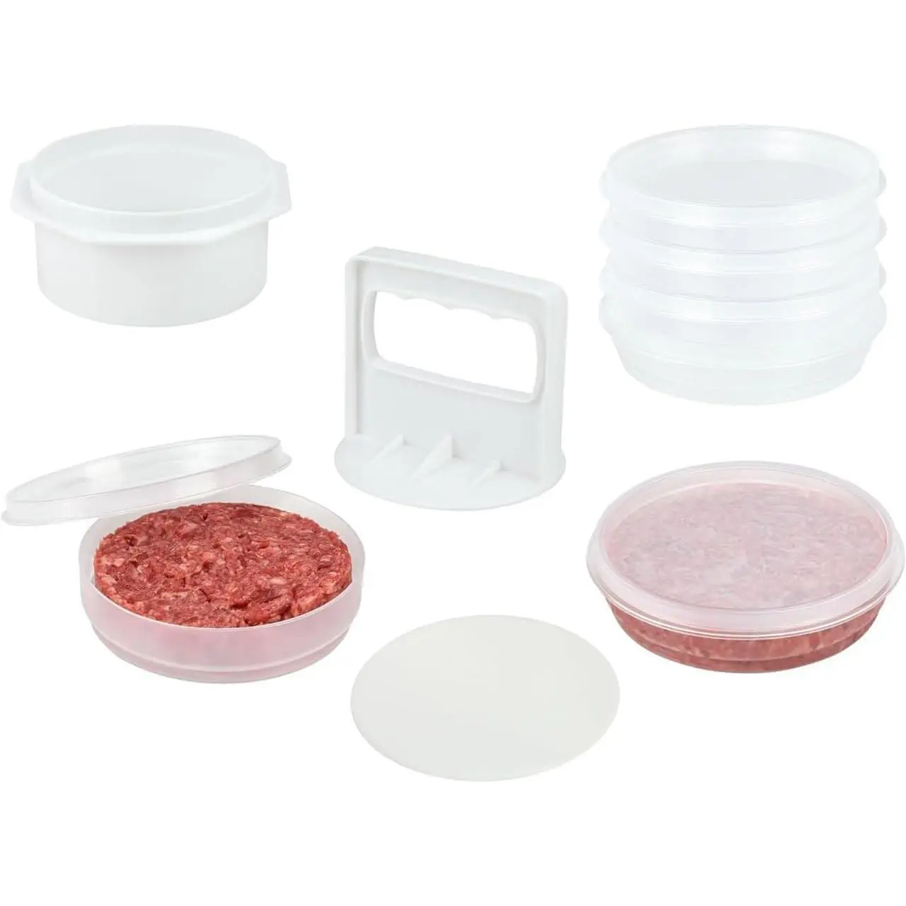 Hamburger Press Patty Maker - 4 in1, Burger Mold, Patty Press, 6 Storage Containers, 100 Round Papers - Patty Maker Tool for BBQ - Burger Shaper for Meat, Veggie Patties