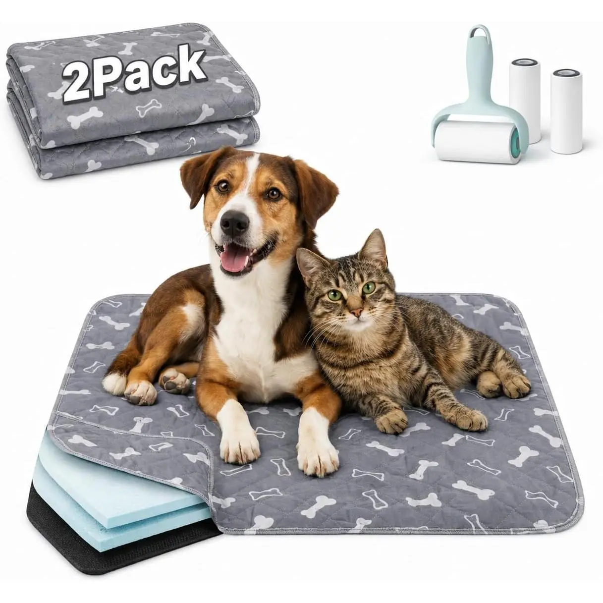 2 Pack Puppy Pads with Pheromones, Washable Puppy Pee Pads,  Pads for Dogs & Cats, Leakproof & Odor Control, Non-Slip  Pads for  & Travel, 16"x24" (Lint Roller Included)