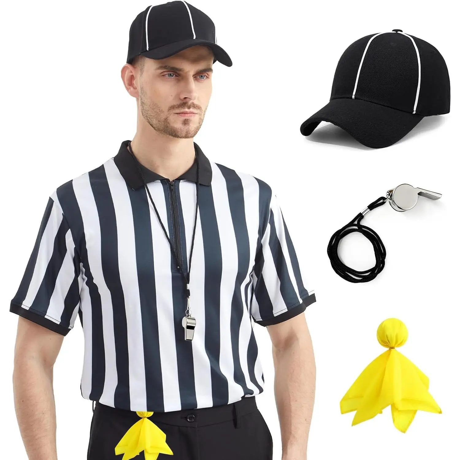 Referee Shirt for Men & Women, 4- Ref Uniform Set with Zipper , Whistle, Hat & Penally Flag for Football & Soccer
