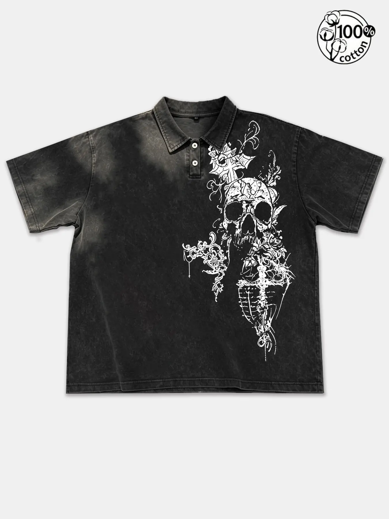 Unisex 100% Cotton Washed Vintage Gothic Skull All-Seeing Eye Cross Graphic Print Oversized Short Sleeve Polo Shirt | Menswear Printed Polo Tops Y2K Dark Aesthetic High Street American Retro Streetwear Top