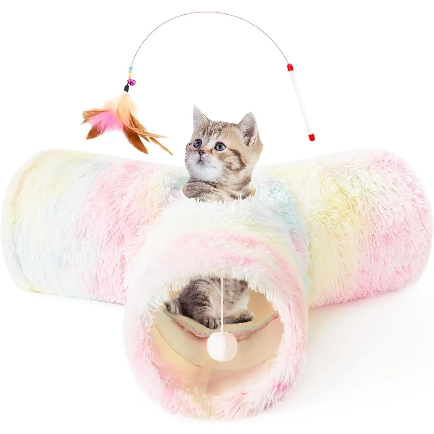 Fluffy Plush 3-Way Collapsible Pet Cat Tunnel Tube Toy with Peek Hole Ball - Polyester Blend, Encourages Exercise, Interactive Fun for Indoor Cats, Kittens, Rabbits + Butterfly Wand, Fluffy Mouse, Rechargeable Chirping Flapping Bird, Green Laser Pointer