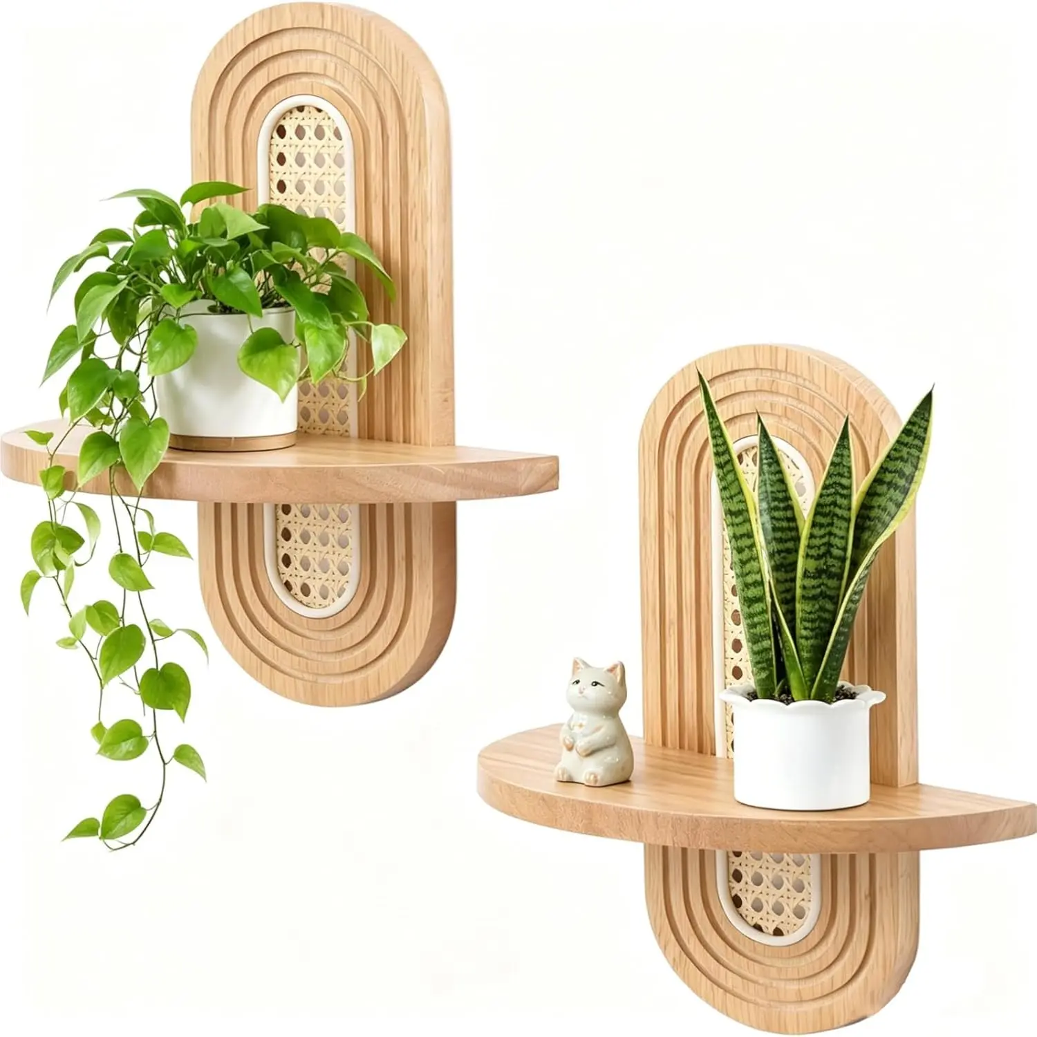 2-Pack Decorative Boho Wall Shelves - Natural Rattan Solid Wood Floating Shelves, Rainbow Arch 2-Tier Trinket Plant Storage Rack, Modern Wall Art for Bedroom, Easy Installation Home Decor