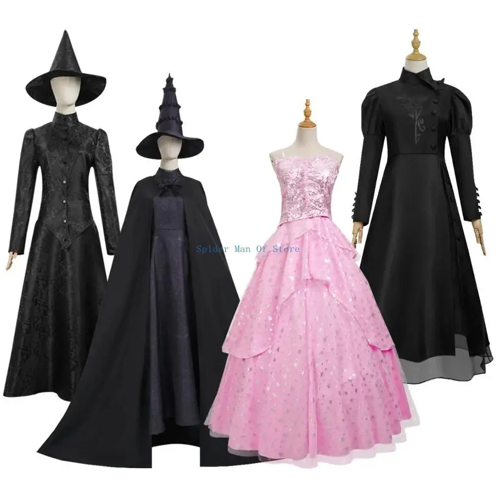 Wicked Glinda Elphaba Cosplay Costume Full Sets Pink Coat Black Uniform for Women Halloween Carnival Party Roleplay Outfit