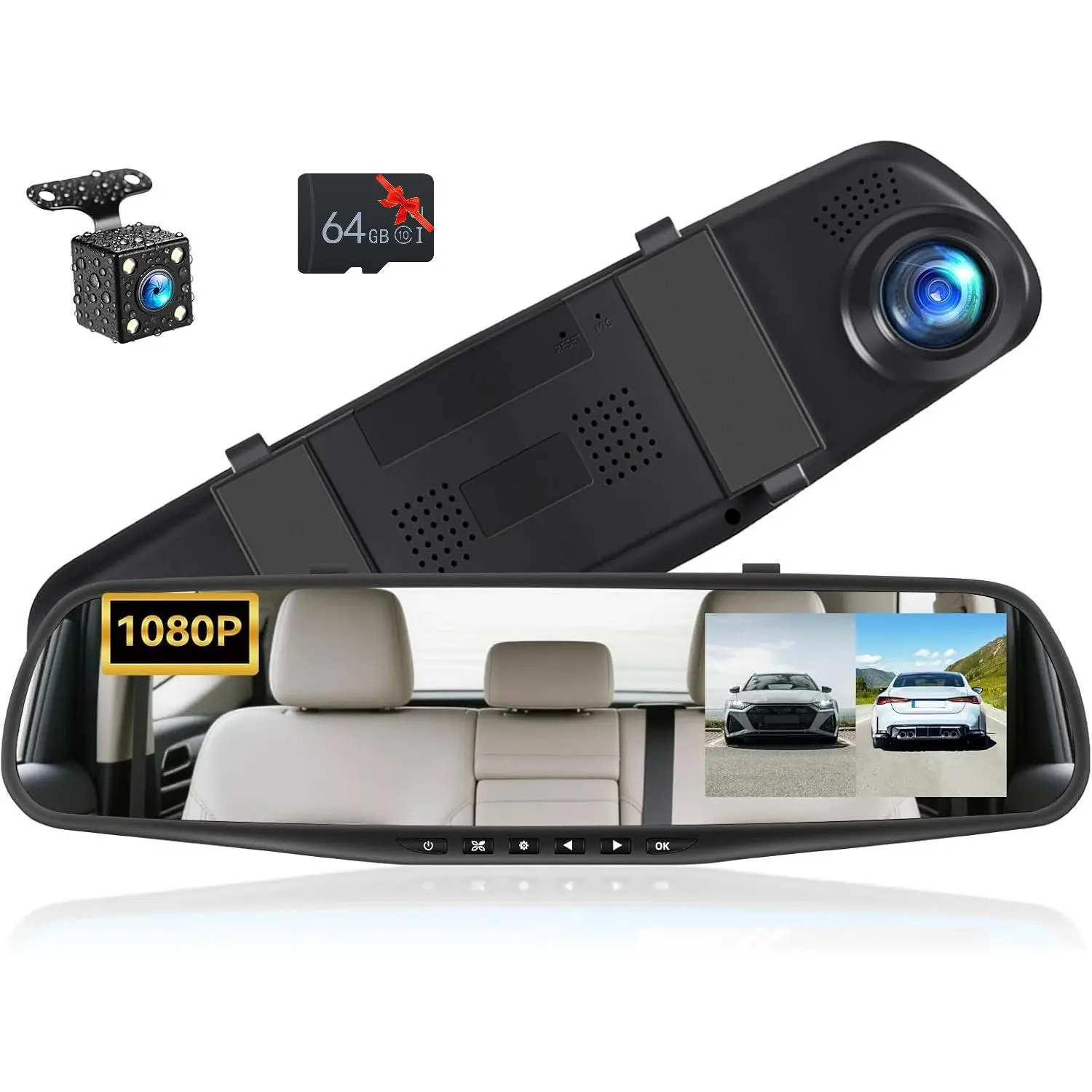Mirror Dash Cam with 4.5" LCD Display, 1080P+480P Front and Rear Lenses, Night Vision, Split Screen, Loop Recording, Reverse Assist, Exposure Compensation, Driving Recorder for All Vehicles