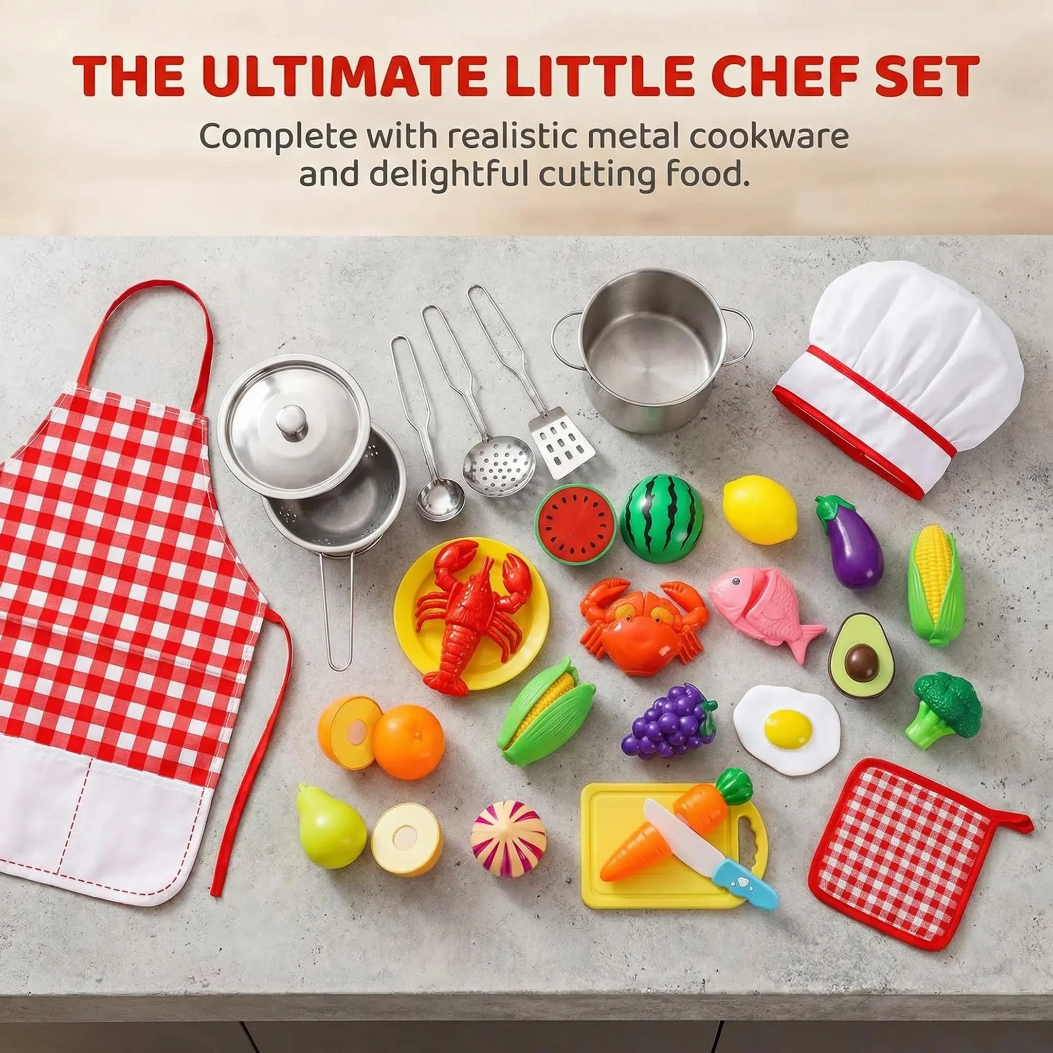Wingtop Kids Play Kitchen Full Kit - 46PCS Unisex Pretend Role Play Toy with Stainless Steel Pots, Utensils, Cutting Fruits, Veggies, Seafood | Gift Ideas for Kids Ages 3+