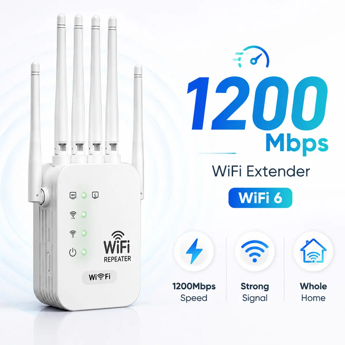 6-Antenna WiFi Extender Strong Signal, 1200Mbps Dual Band (5GHz/2.4GHz) Booster, Long Range WiFi Repeater with Gigabit Port, Whole Home Coverage, Easy Setup for Home, Office & Gaming