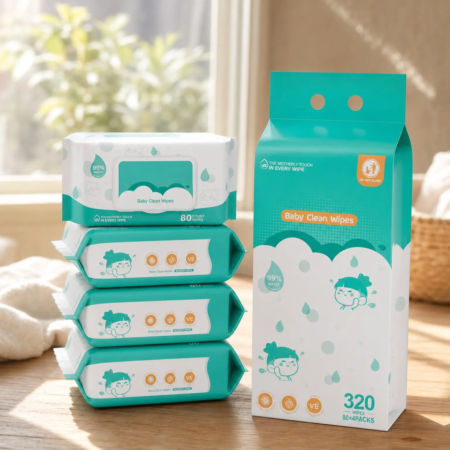 Baby Wipes for Sensitive Skin, 99% Water Based Wet Wipes, Hypoallergenic, Safe and Gentle, 4 Flip-Top Packs (320 Wipes Total)(Gift)