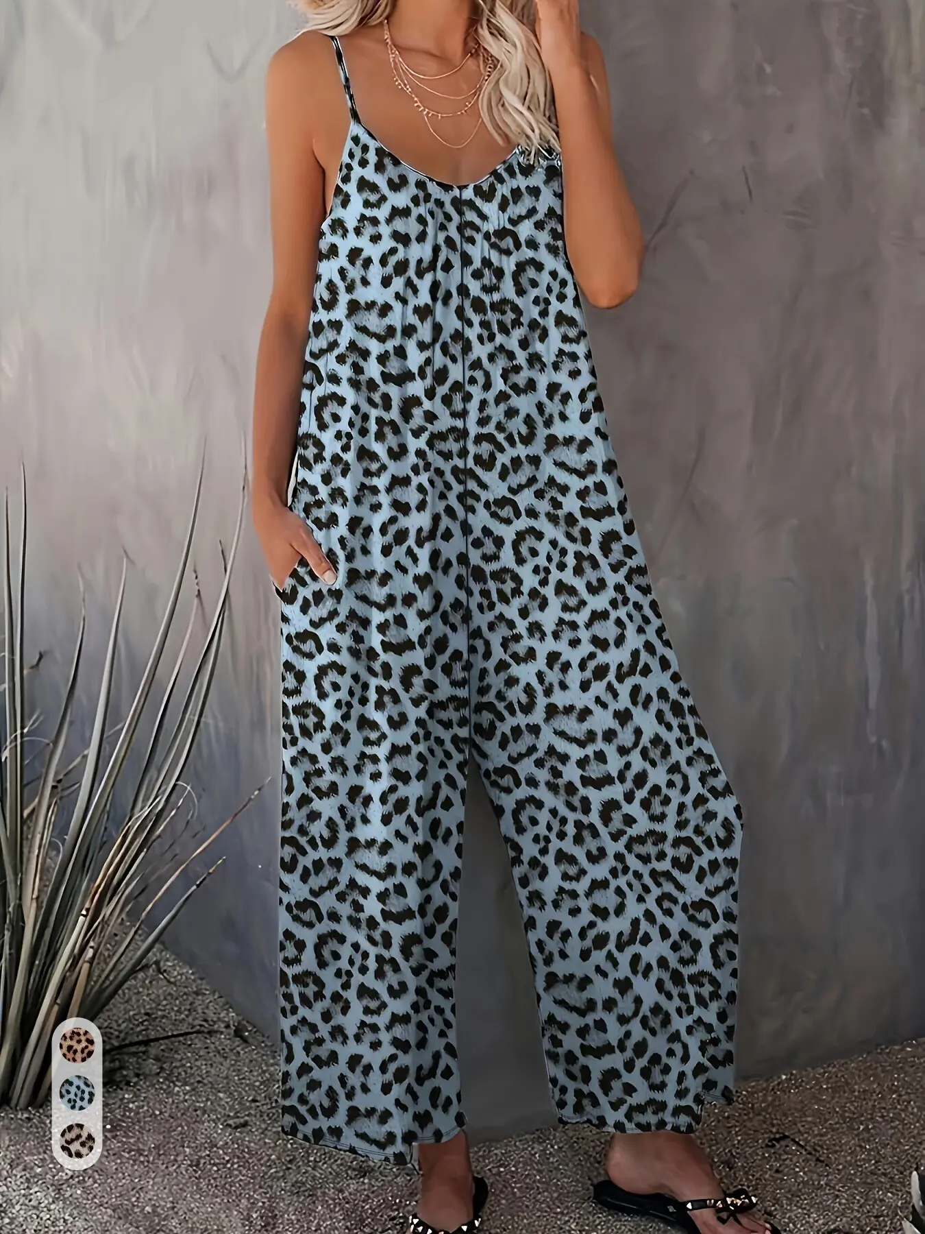 Cottagecore Ladies Summer Romper, Spaghetti Strap V-Neck, Leopard Pattern, Wide Leg Jumpsuit, Pocket Design, Slim Lower Body Curve, Cute, Fit