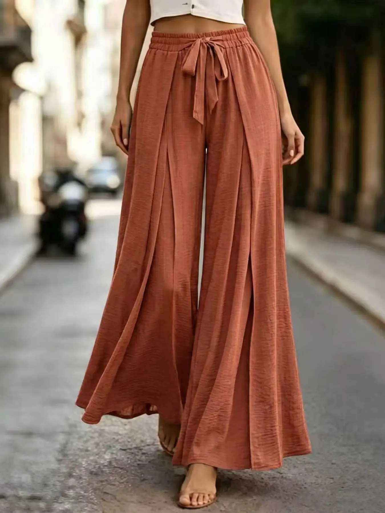 Women's Solid Color Wide Leg Elegant Casual Pants, Comfortable Fabric, Flowy Design, Belted Waist, Fashionable for Daily Wear, All Seasons