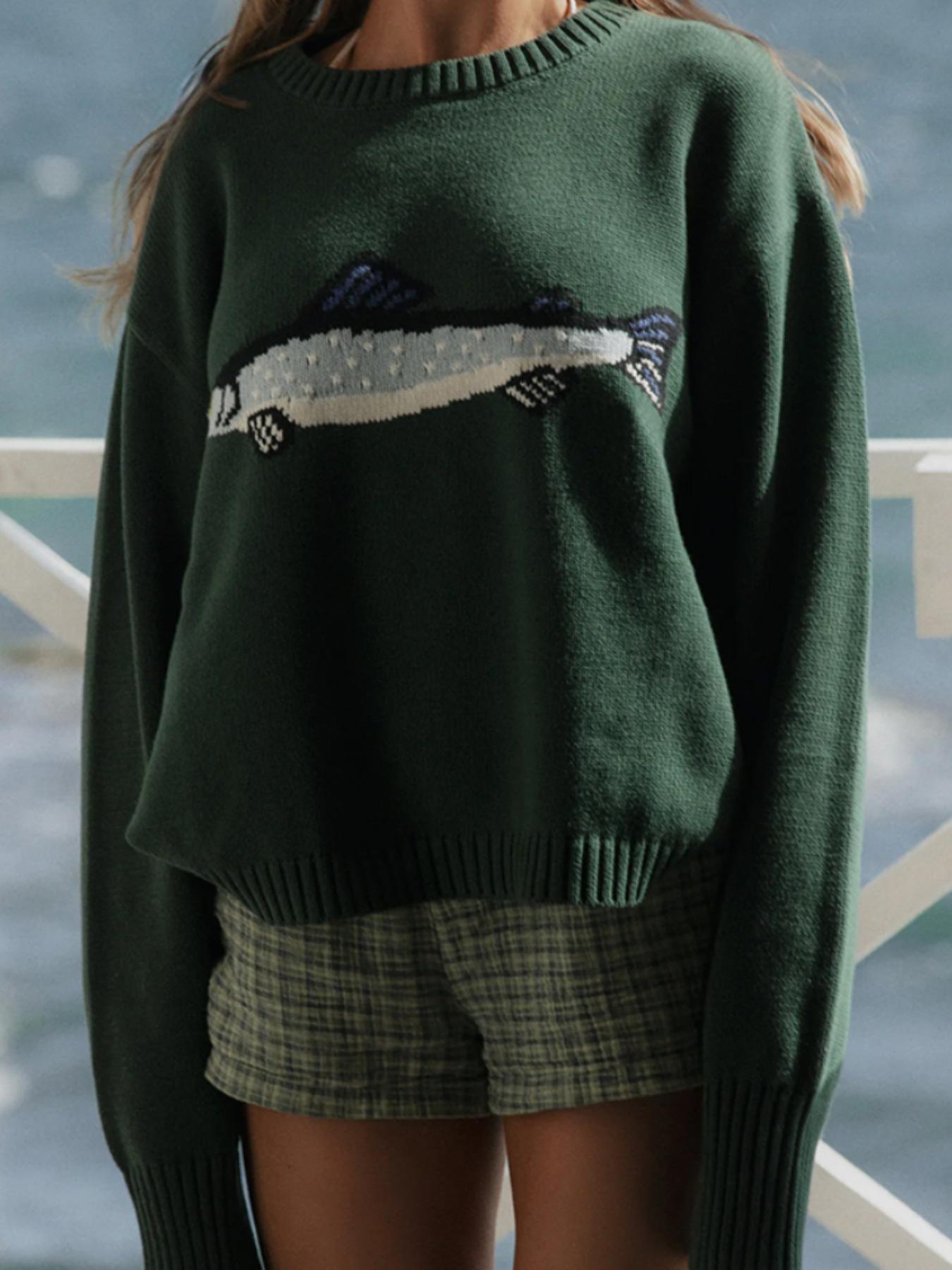 Women's Fashion Vintage Animal Print Round Neck Long Sleeve Pullover Sweater, Loose Fit Casual Knitwear for Fall & Winter Seasons