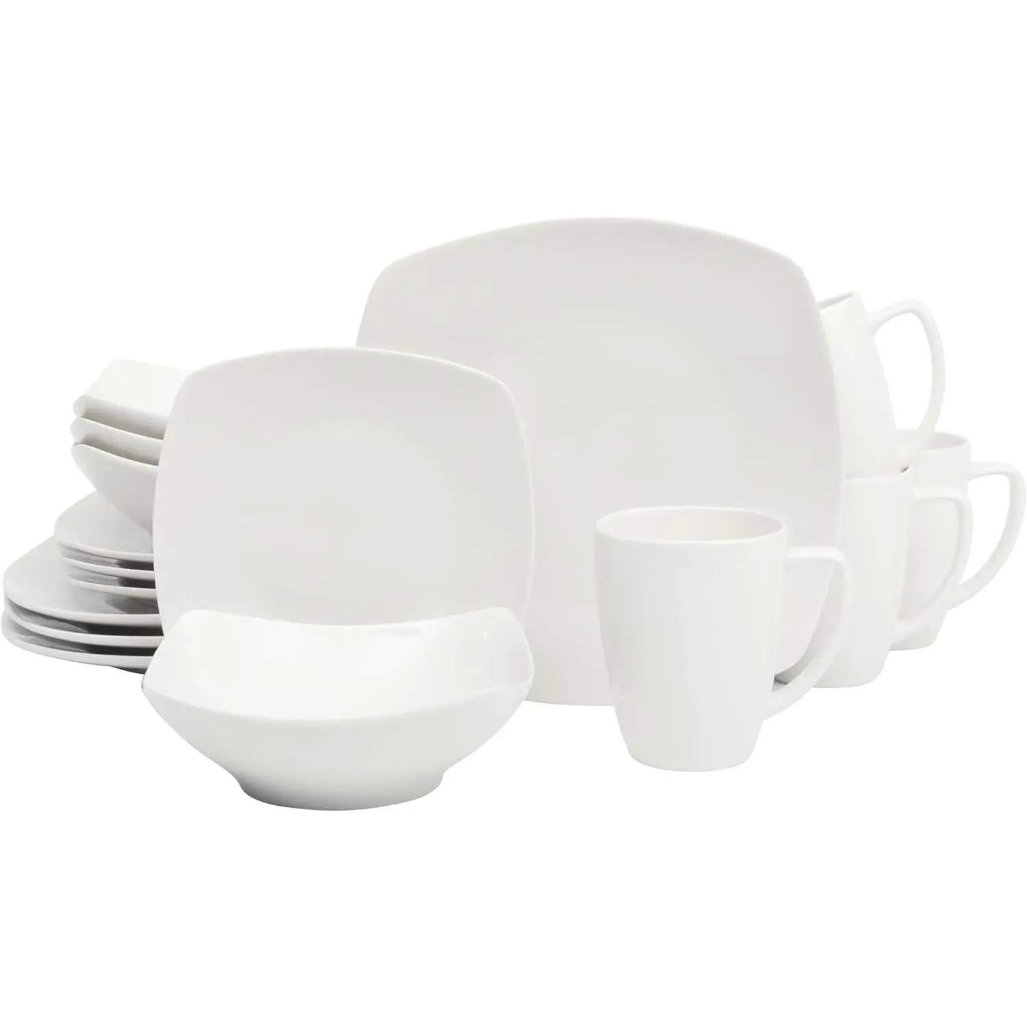 16-Piece White Porcelain Tableware Set for 4 - Square Shape Plates, Bowls, Mugs, Chip & Scratch Resistant, Dishwasher & Microwave Safe, 16 Pieces, Dishwasher Safe