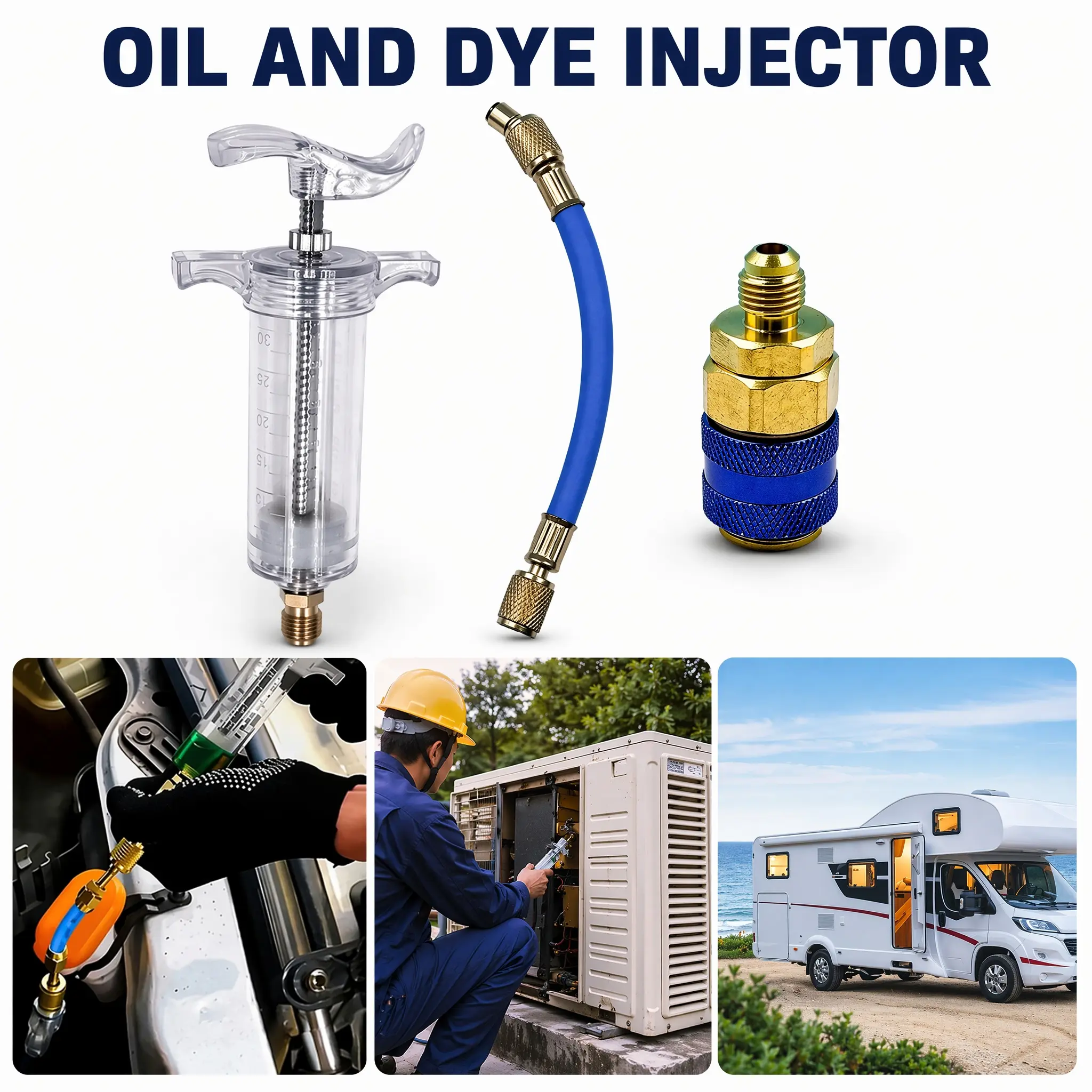 Oil and Dye Injectors Kit 30ml/1 Oz Hand Push Compressor Manual AC Oil Dye Injector with Quick Coupler 1/4 SAE Connector Car HVAC Compressor Oil Dye Injector Refrigerant Tool-YY1