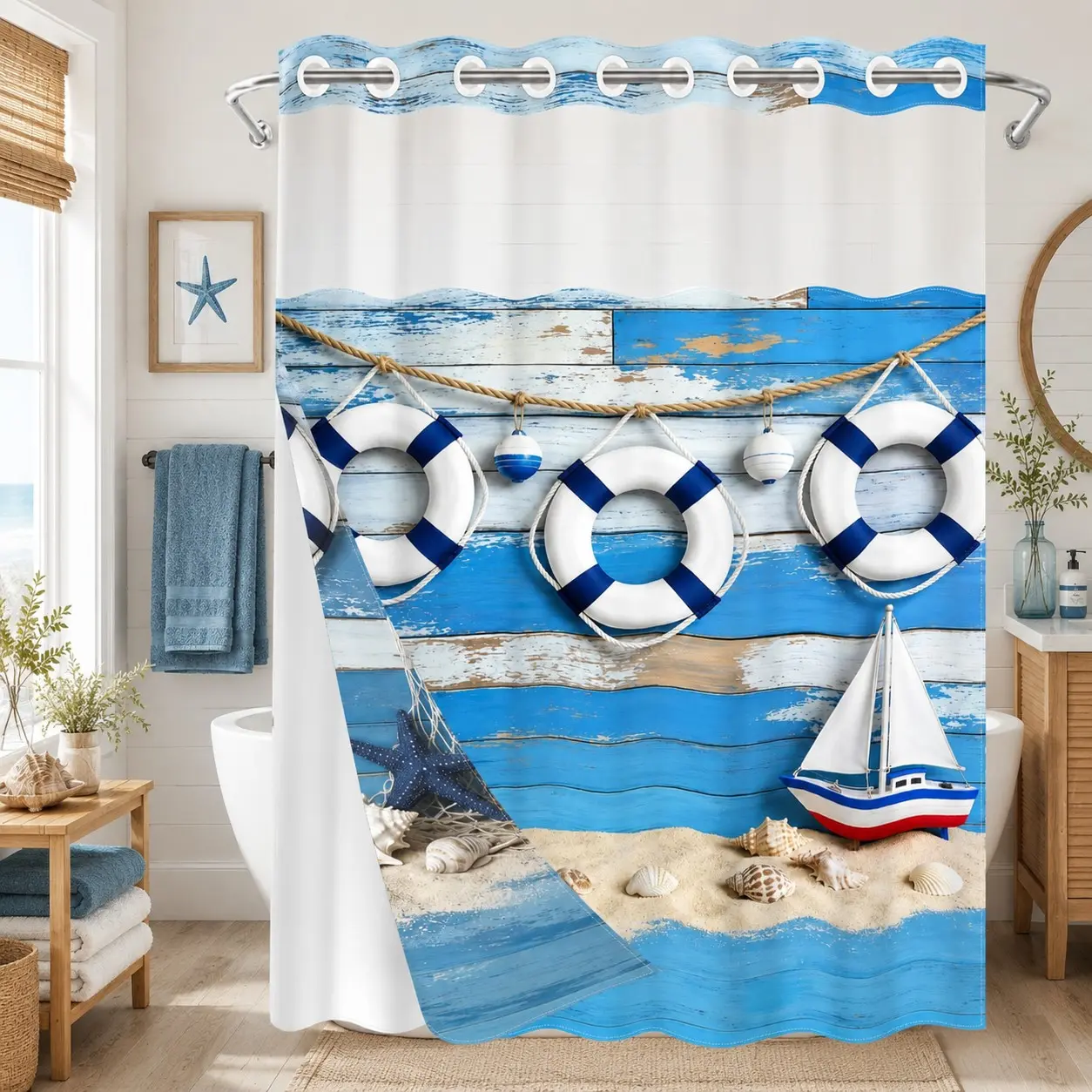 1Pc Hookless Double Layer Shower Curtain Set, Beach Shower Curtain, Nautical Lifebuoy Sailboat & Seashell Print, Snap-In Waterproof Mildew-Resistant Liner, Fabric Curtain with Sheer Window, 71×74 Inch, Machine Washable, for Home Bathrooms