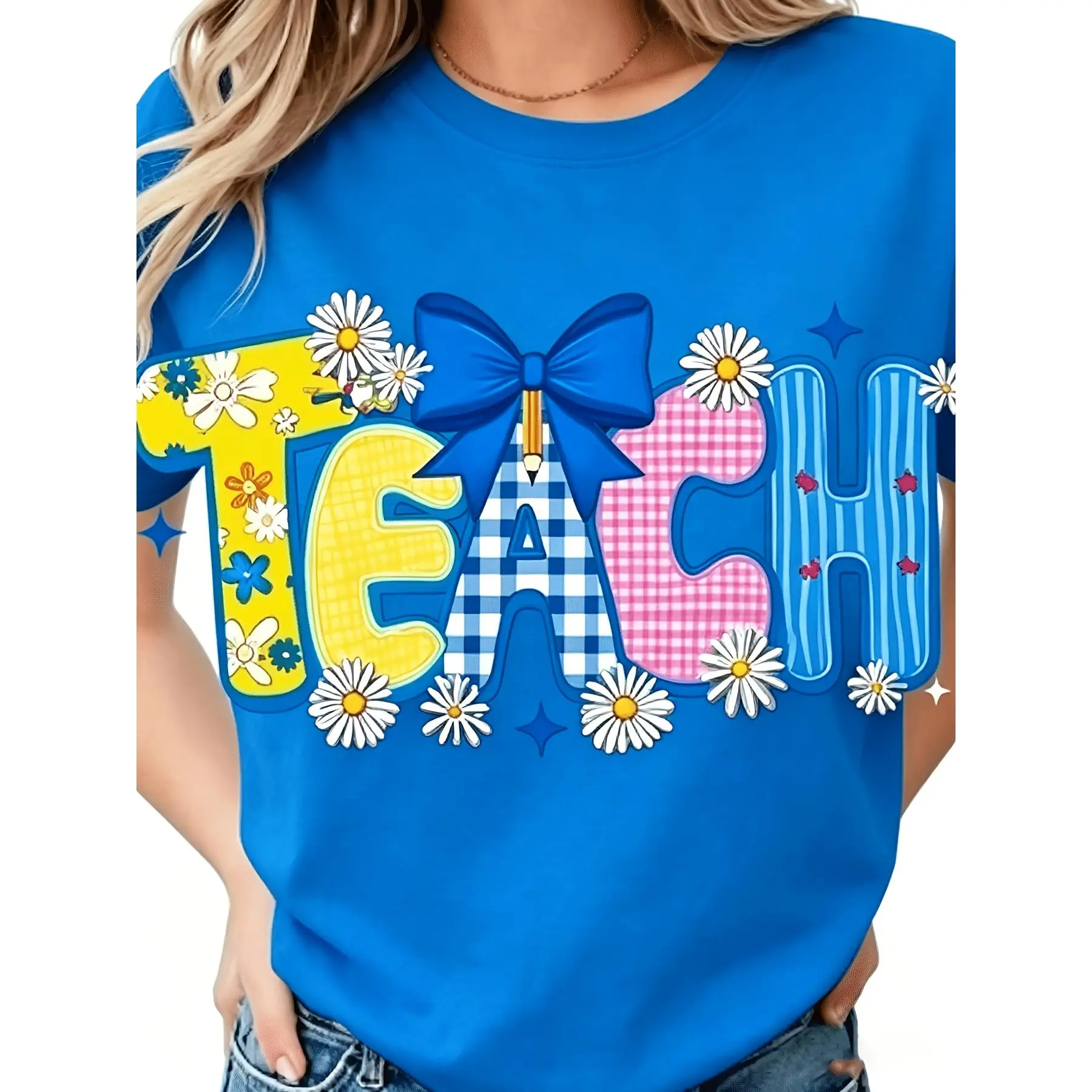 Women'S Short Sleeve T-Shirt - White T-Shirt With Teach Printed Design, Casual Round Neck Stretchy Soft Fabric, Machine Washable, All-Season Fashion Top, Trendy Attire, Statement Graphic Tee, Comfortable Fit Tee, Perfect Gift For Festival, Wholesale