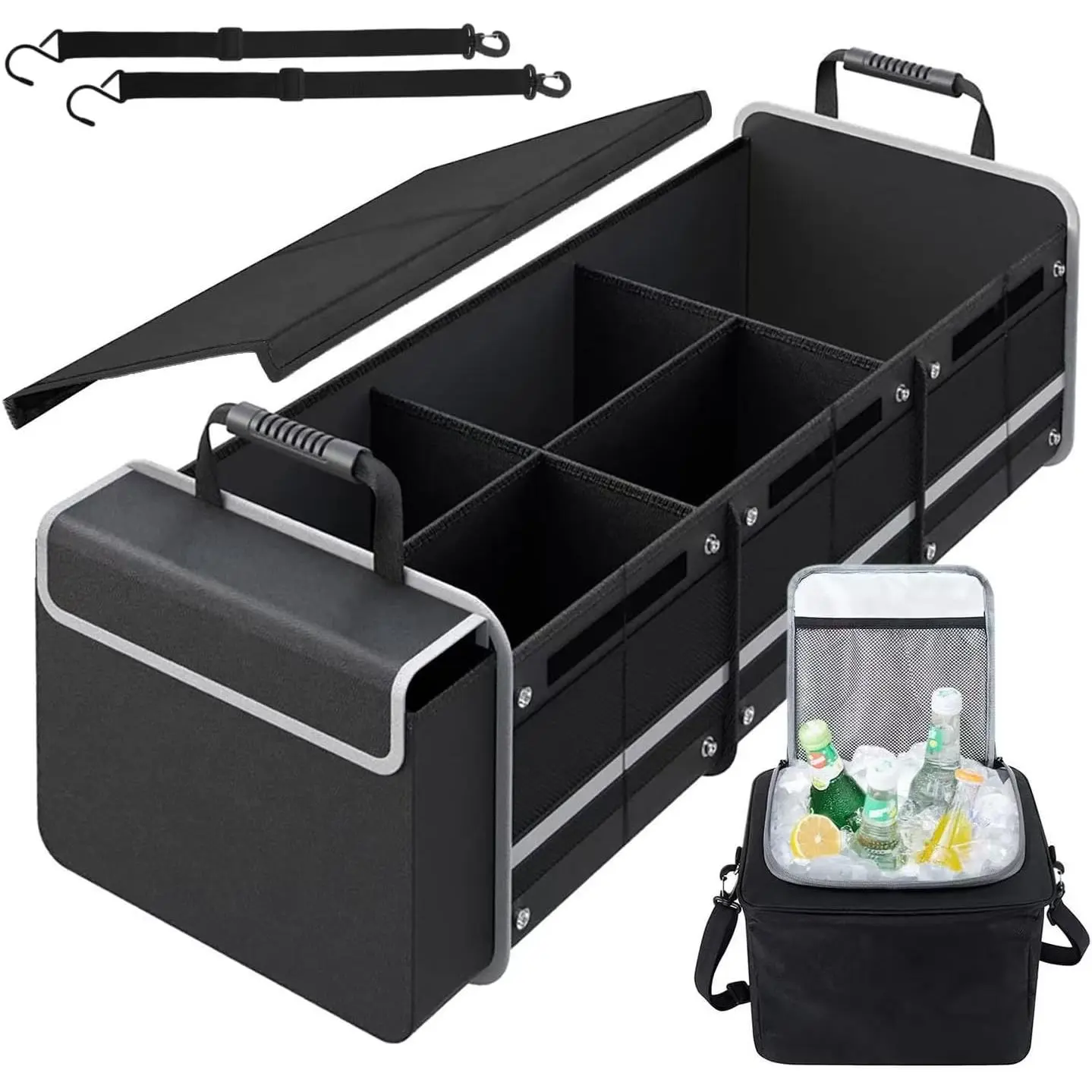 Trunk Organizer with Insulated Cooler Bag, Foldable &  Storage Organizer with Lid for SUV, , Sedan - 4 Large Adjustable Compartments, Heavy Duty & Collapsible Design