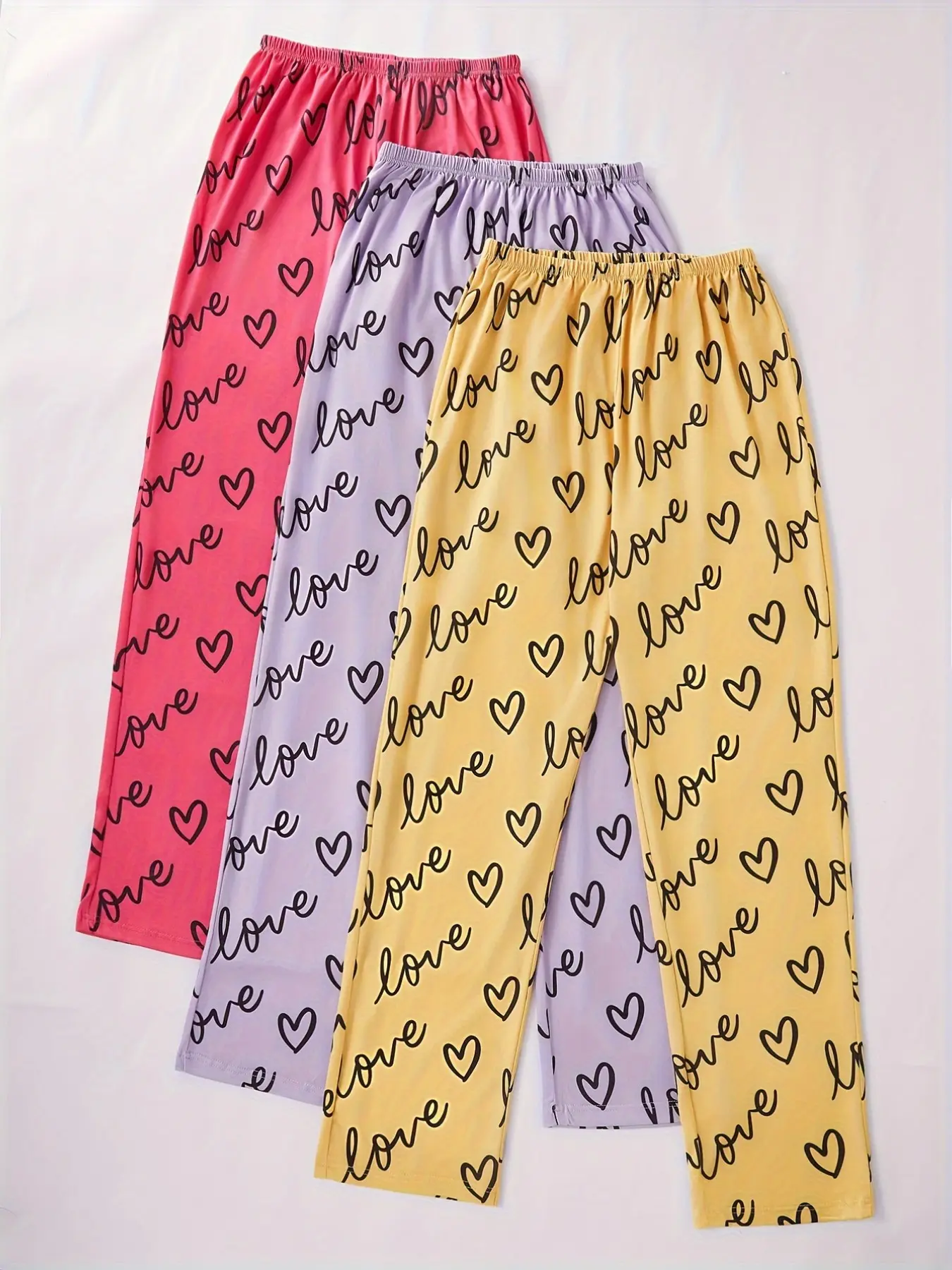 3-Pack Fall Winter Heart Print Straight Leg Sleep Pants, Loose Fit, Elastic Waist, Unisex, Soft Mixed Fabric, Home Leisure Wear，Back-to-school outfits, couple pajamas, gifts for your loved one
