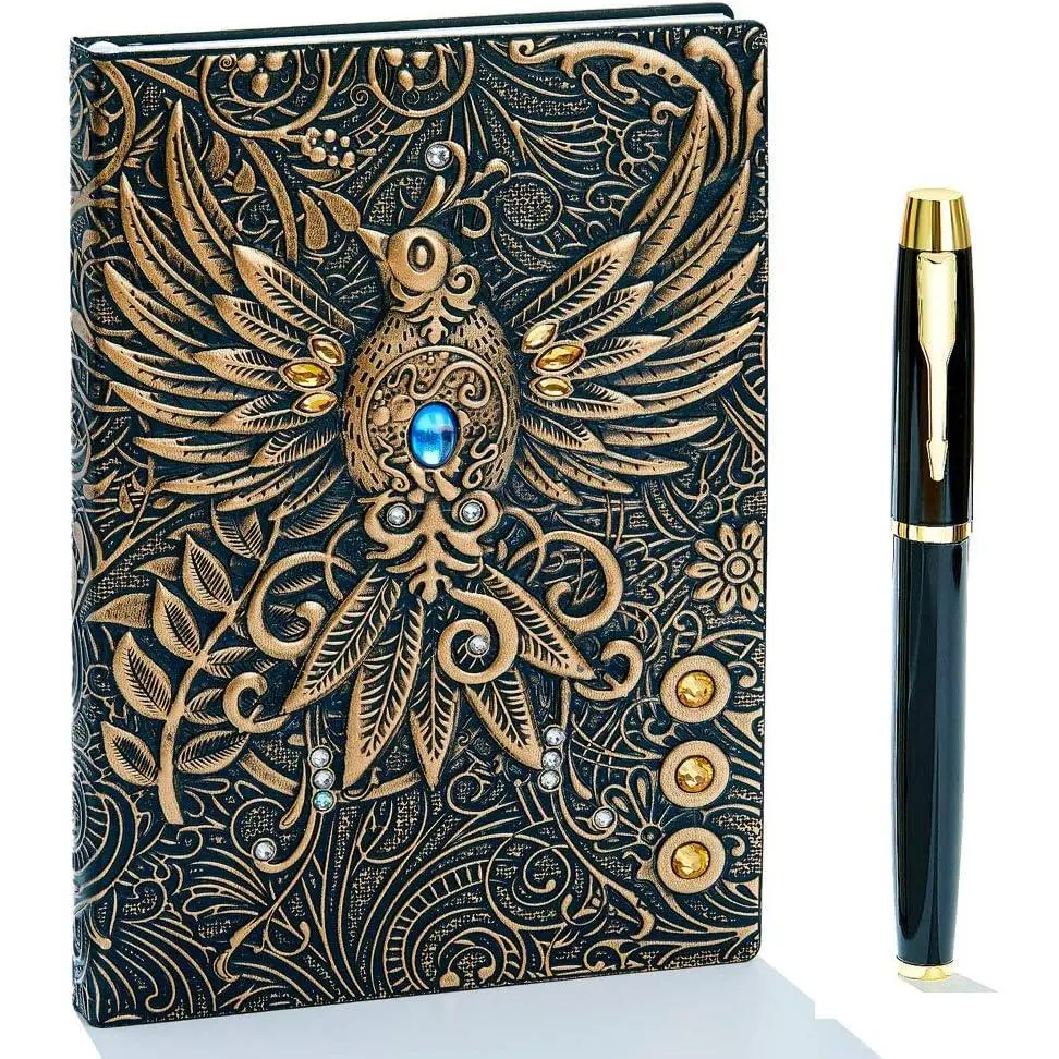 Embossed Leather Journal - 200-Page Handcrafted Unique Embossment Notebook, Antique Leather Daily Writing Tool, Bronze Travel Sketchbook with Golden Classic Pen for Men & Women, 200-Page Book, Handcrafted Item
