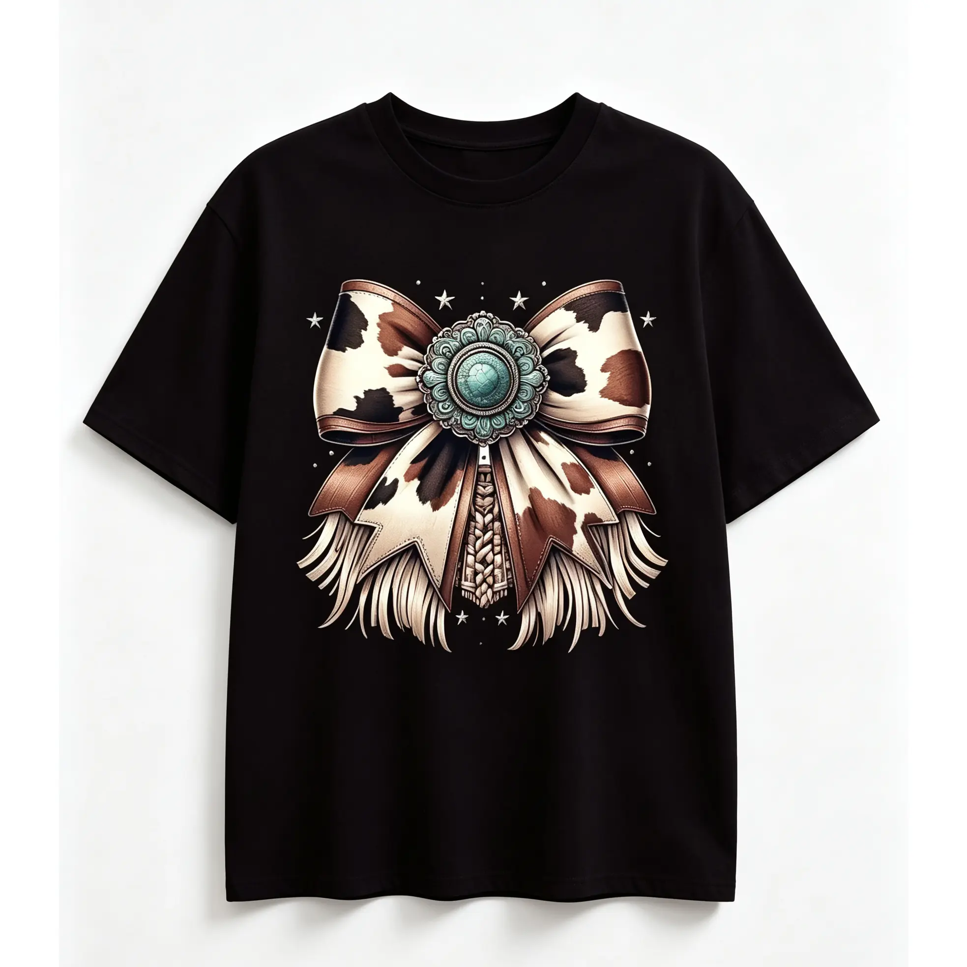 Cow Print Bow with Turquoise Center Graphic Tee – White Casual Loose Fit T-Shirt, Unique Western-Inspired Design for Everyday Wear & Outdoor Adventures short sleeve unisex graphic t-shirt humorous shirt cotton graphic tee high-quality cotton casual top
