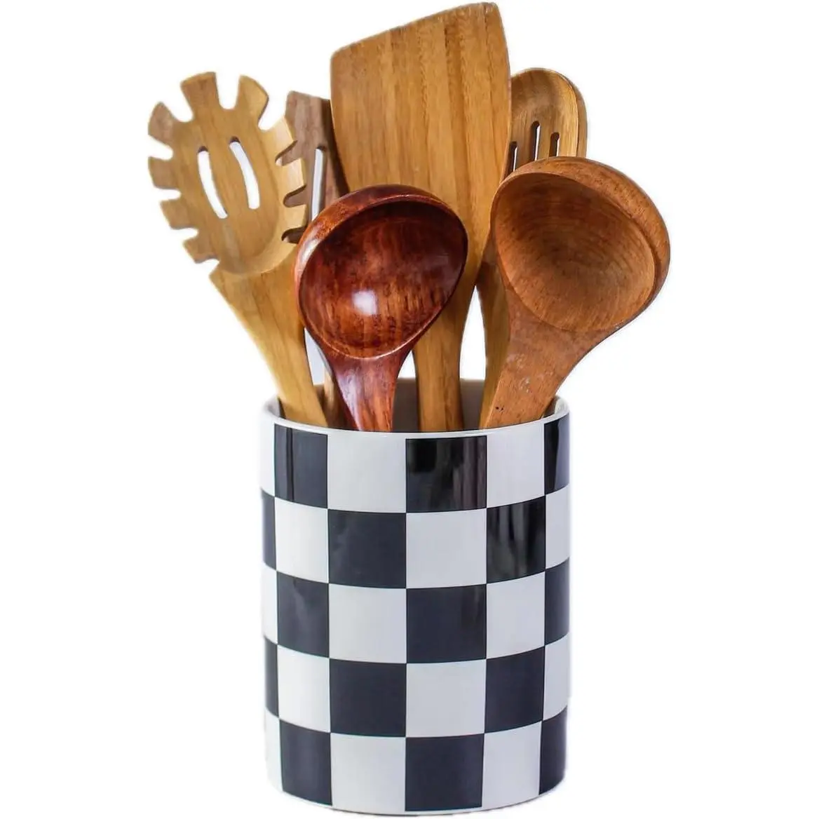 Kitchen Utensil Holder, 6.3 Inch Checkered Ceramic Cooking Utensil Holder Modern Utensil Crocks for Kitchen Counter-Farmhouse, Housewarming Gift, Decor and Accessories (Black, 6.3 Inch)