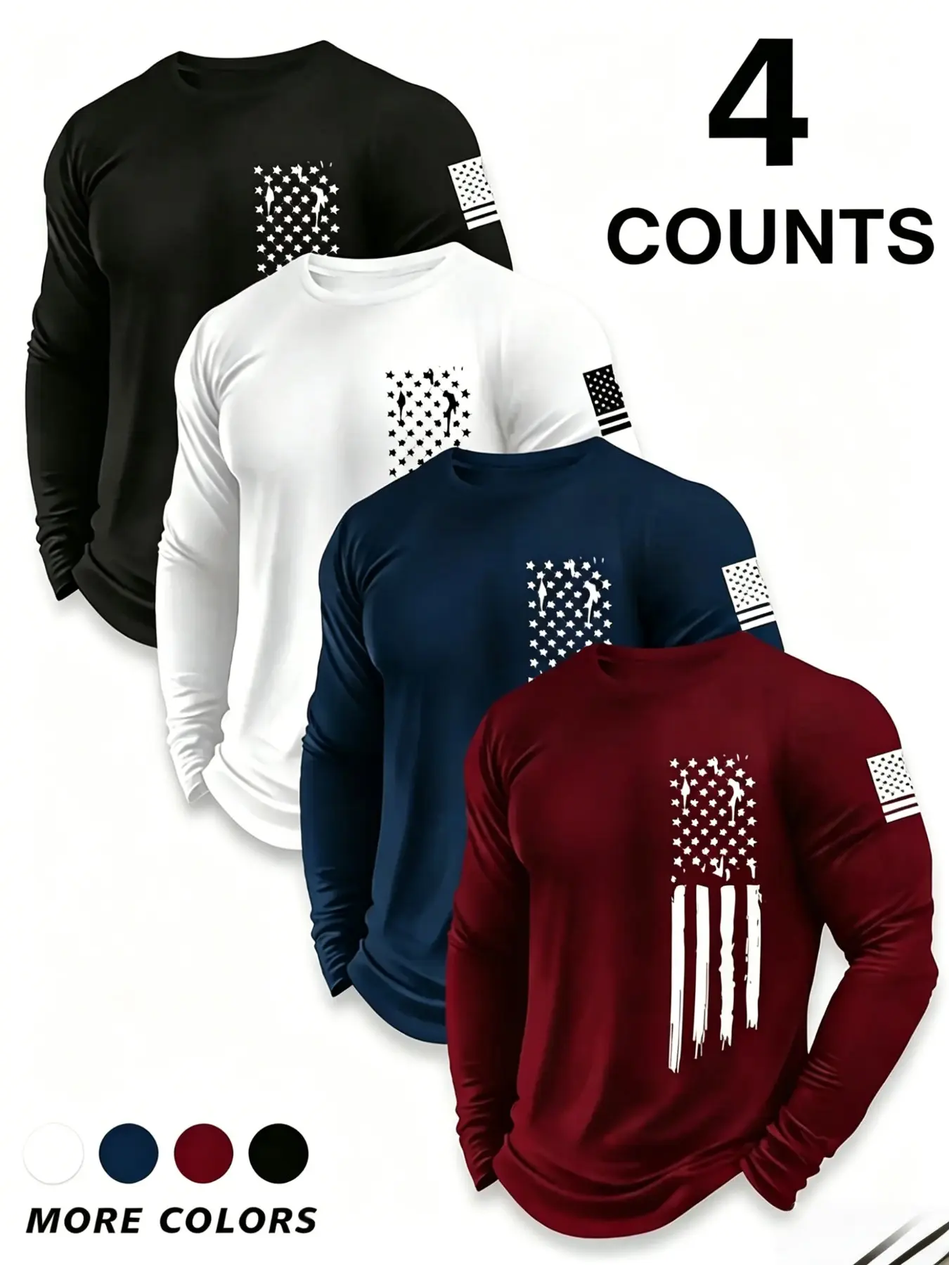 4-Pack Men's Round Neck Long Sleeve T-Shirts, Casual Printed, Menswear, Top, Usa Flag Design, Sporty Geometric Pattern, Fitted Style, Spring & Fall Wear