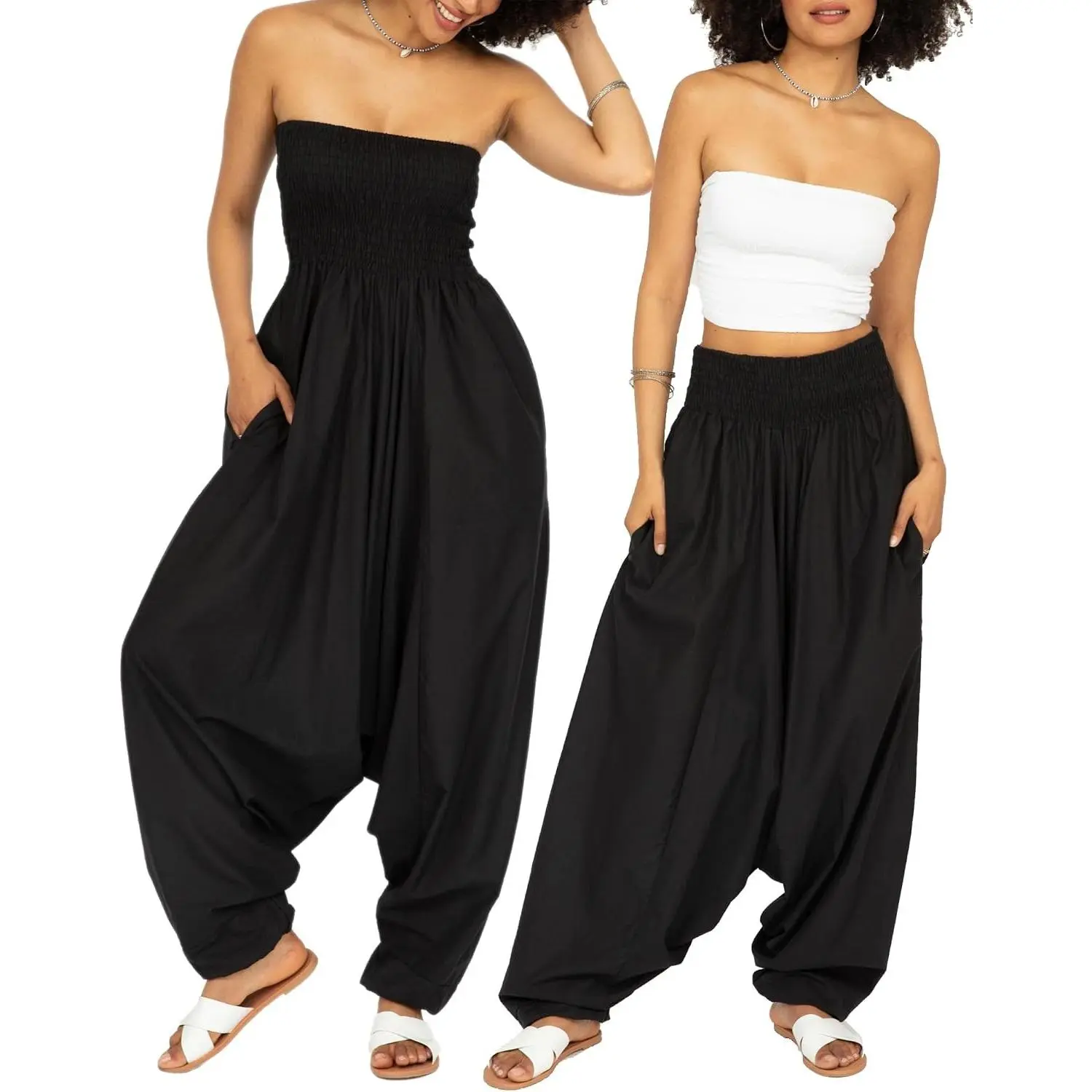 Harem Pants Women Jumpsuit – 2-in-1 Strapless Romper Converts into Comfy Boho Balloon Pants with Pockets – One Size