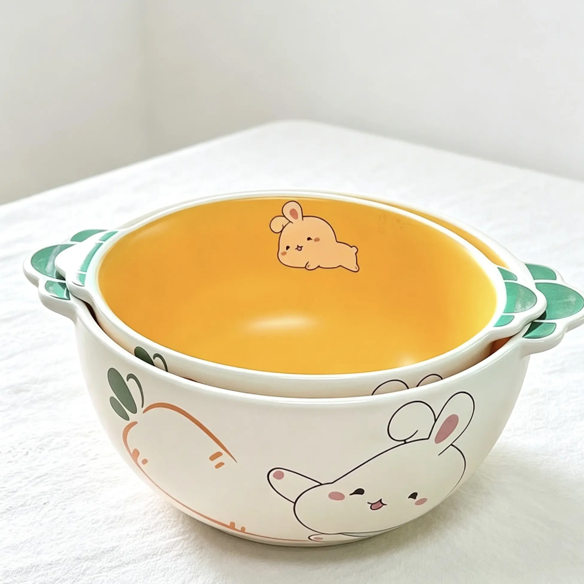 2-Piece Ceramic Mixing Bowls Set, Easter Bunny Pattern, Dishwasher Safe, Microwave & Oven Friendly, Modern Elegant Tableware for Home Use