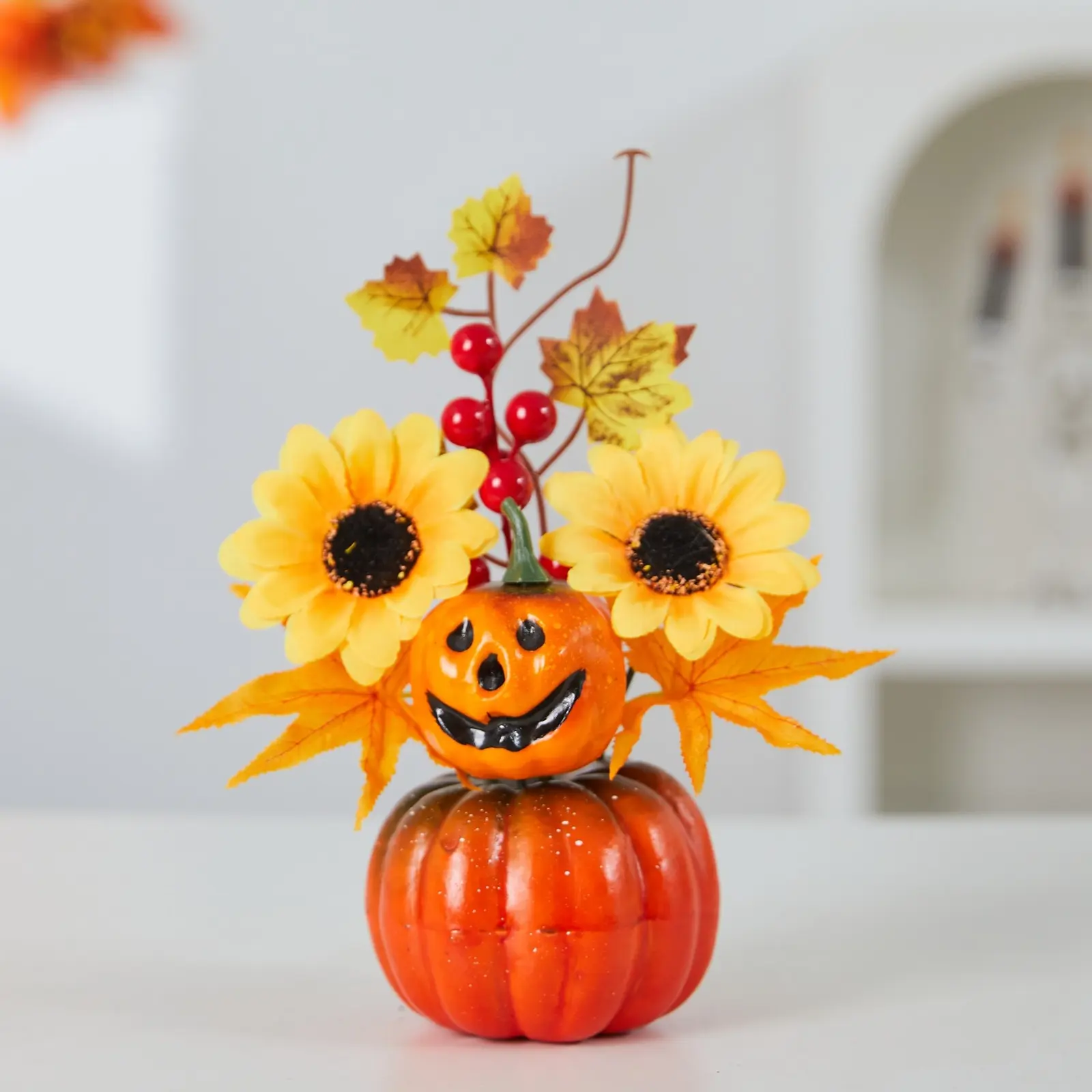 Halloween Pumpkin Table Decor Ornament Mini Jack O Lantern Artificial Maple Leaf Berry Floral Arrangement Small Double Layer Pumpkin Fall Harvest Desktop Centerpiece Lightweight Fake Pumpkin Flower Decor For Home Dining Table Window Sill Hand Assembled Re