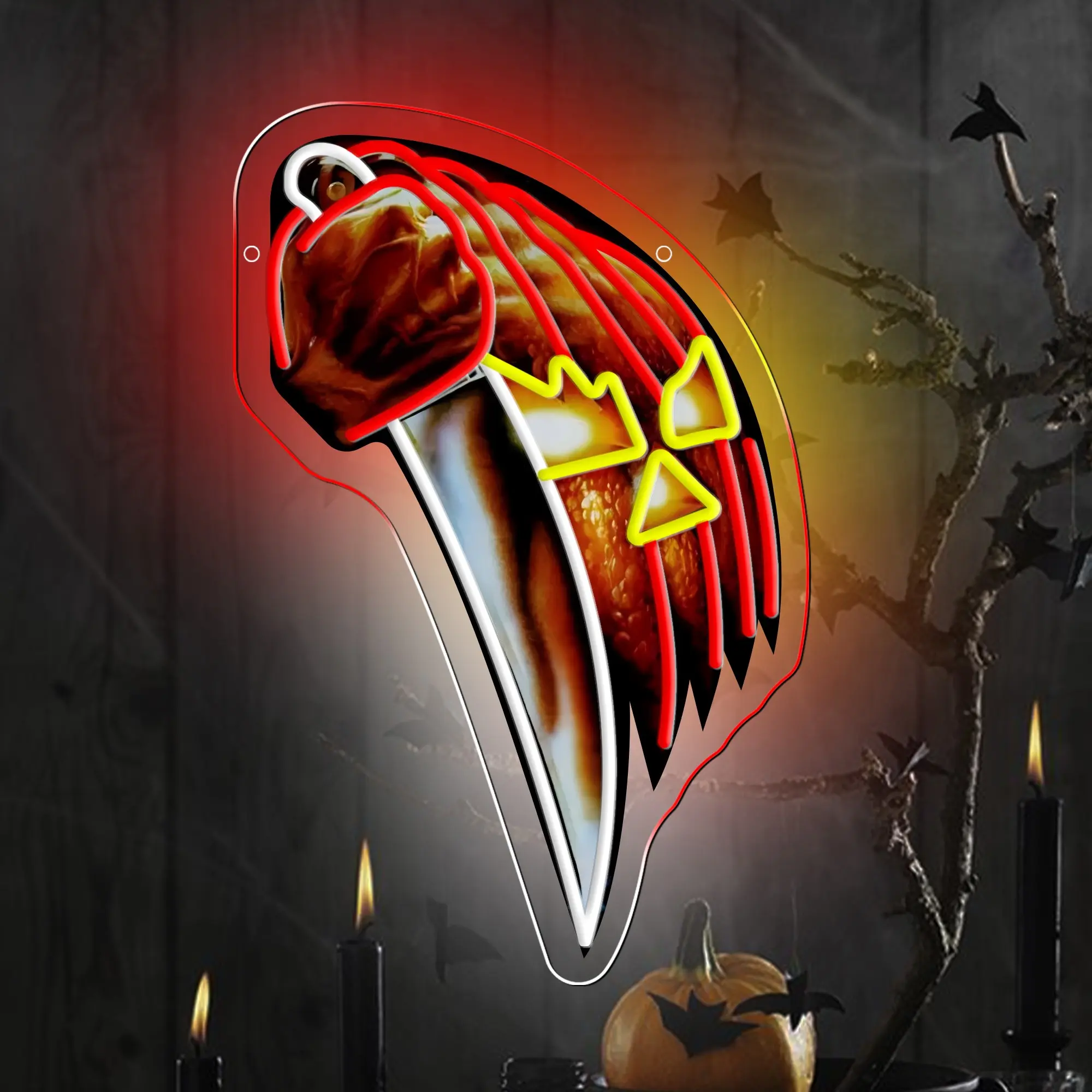 Pumpkin-knife shaped Halloween decorative light; a horror-themed, Spooky, wall-mounted art light; USB-powered with adjustable brightness; suitable for home living rooms, porches, and parties.