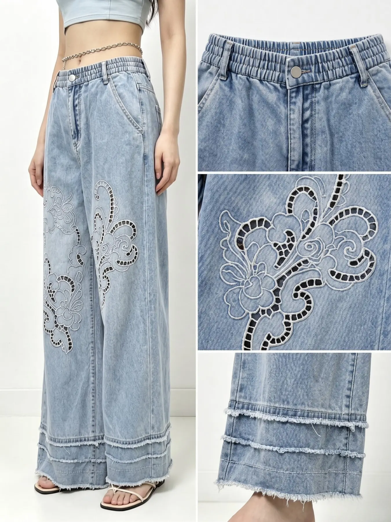 Chinese Hollow Out Embroidered Wide Leg Jeans, Elastic Waist, Dual Frayed Hem, Oversized Street Style, All Seasons