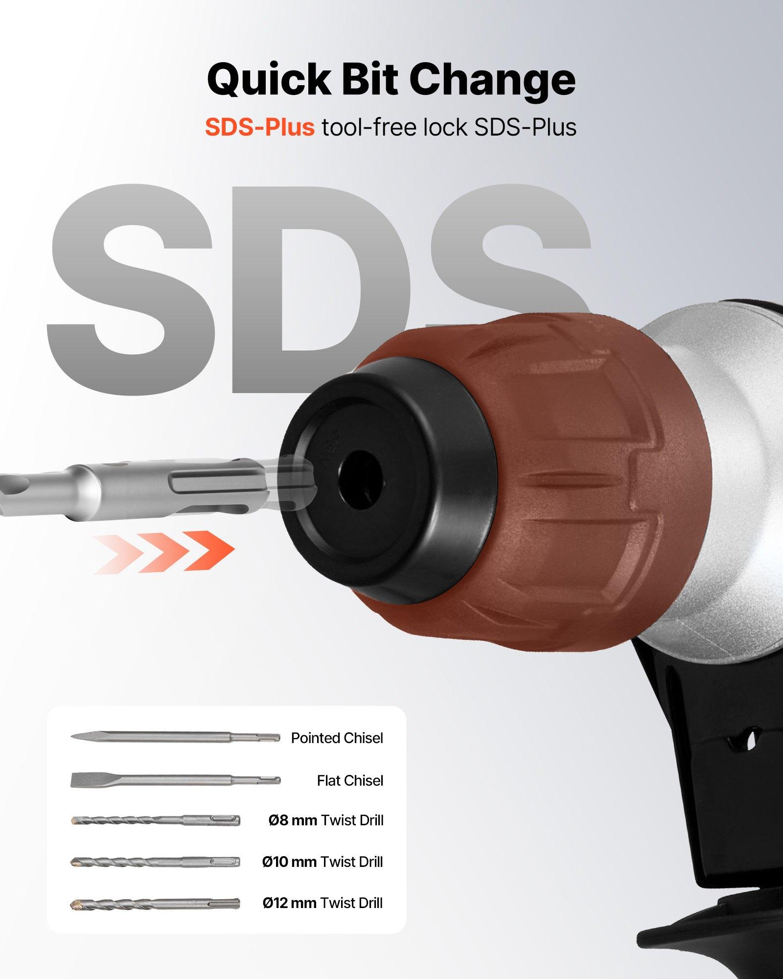 VEVOR Rotary Hammer Drill, 1-1/8 in SDS-Plus Electric Corded Heavy Duty ...
