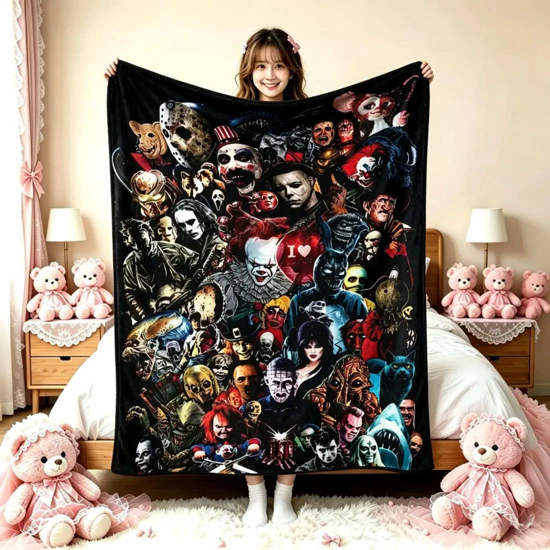 Classic Horror Movie Villain Collage Flannel Throw Blanket, I Love Horror Multi Character Black Background Print Soft Blanket, All Season Cover for Bed Sofa Halloween Decor, Perfect Halloween Birthday Gift For Horror Film Enthusiasts