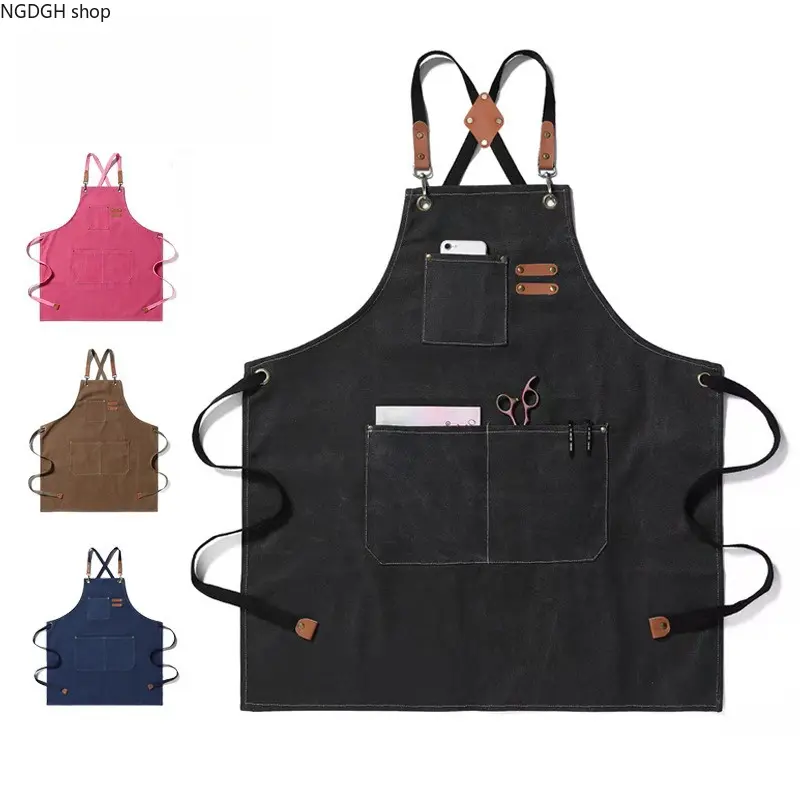 Gardening Apron - Adjustable Canvas Apron with Pockets Leather Straps Black Pink Brown Teal Durable Unisex Kitchen Gardening Cooking Baking Work Bib Accessory