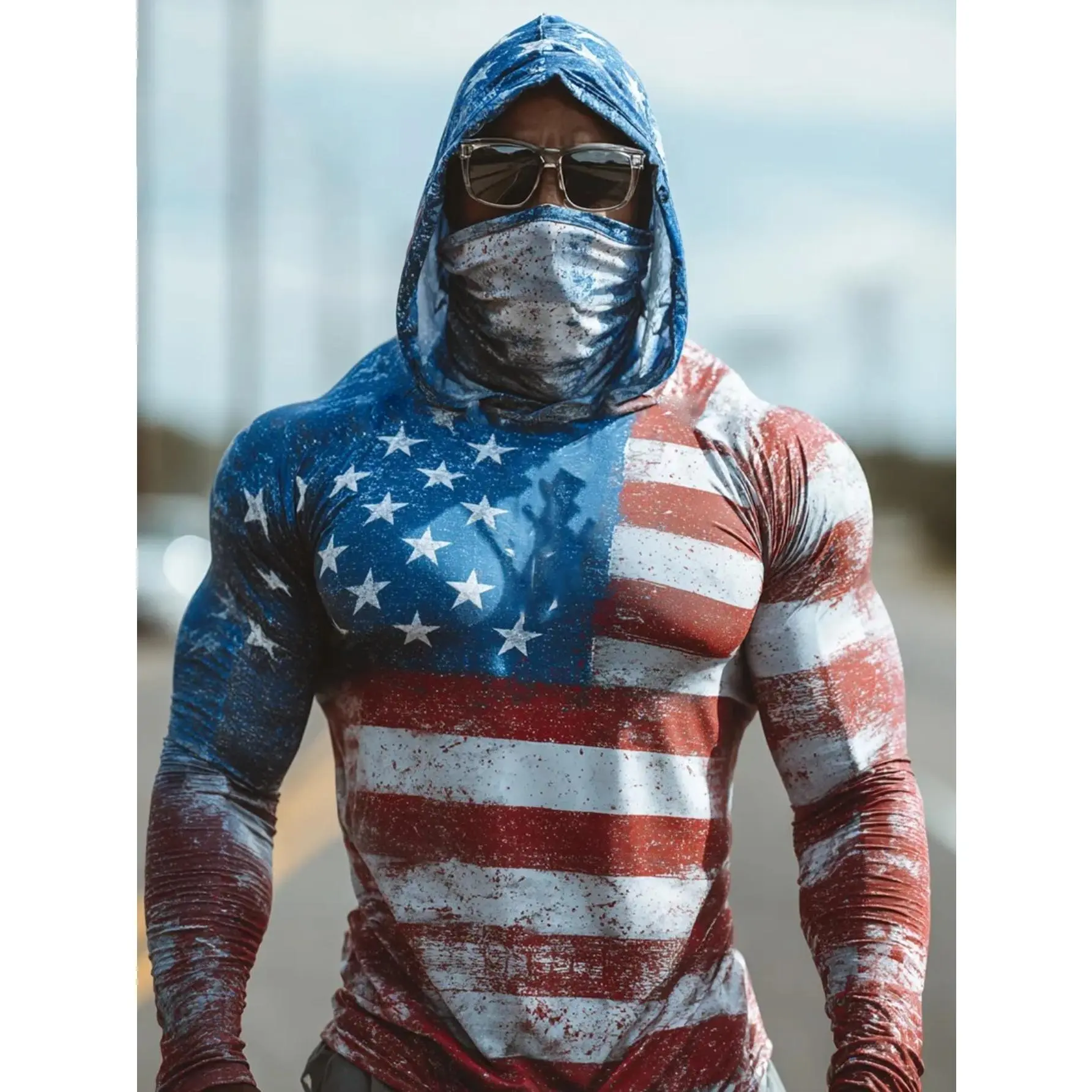Y2K fashionable and retro old American flag printed men's fishing shirt, hooded long-sleeved sunscreen clothing with integrated mask, quick-drying breathable protective outdoor sunscreen top, suitable for fishing, cycling, hiking and patriotic theme wear