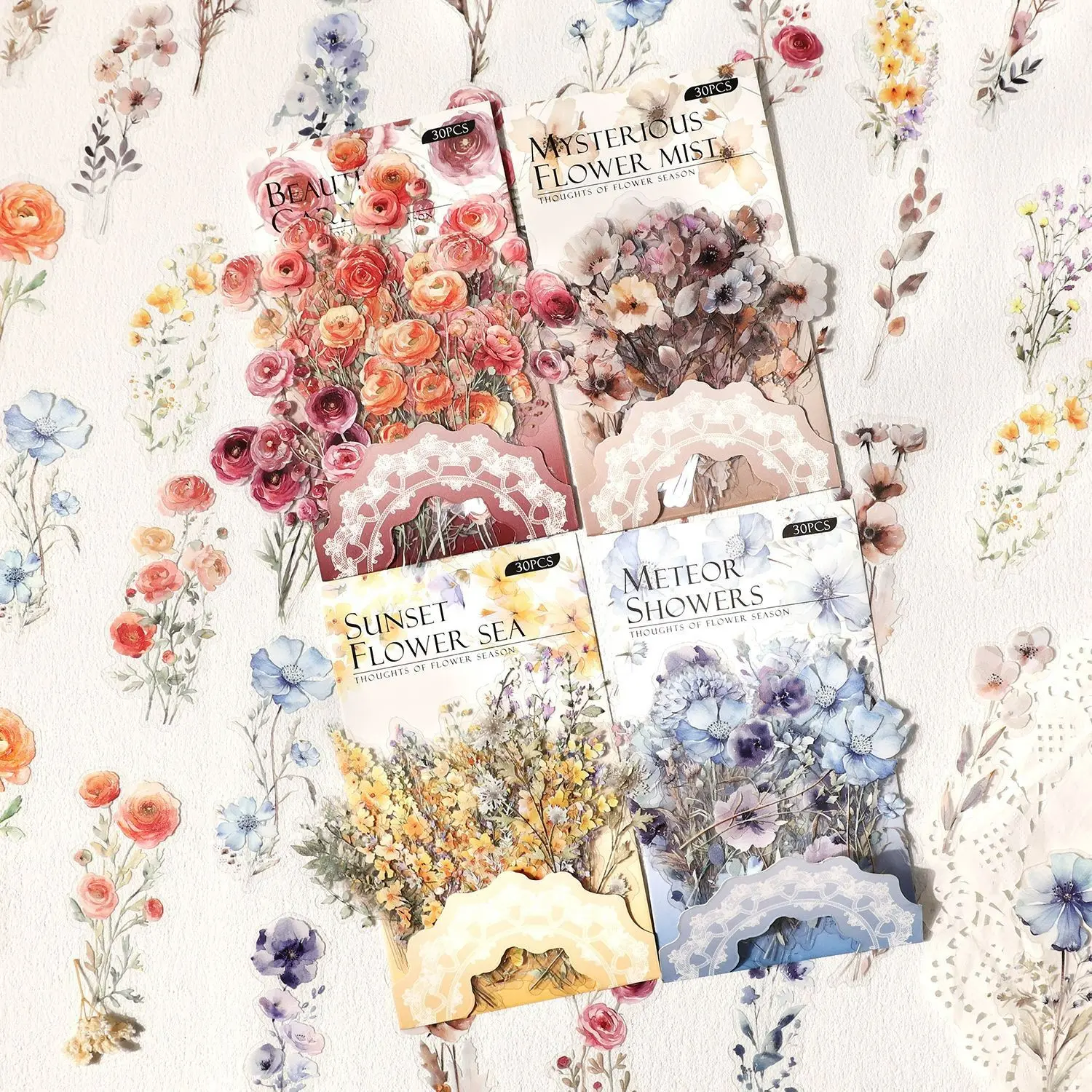 120Pcs Natural Flower Stickers for Adults – 4 Premium Themed Packs with Distinct Color Palettes, Self-Adhesive Transparent Floral Decals for Scrapbooking, Journaling, Card Making, DIY Water Bottle Deco
