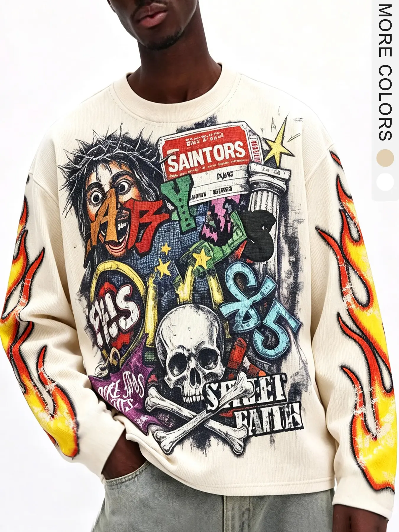 Men's Vintage Skull Flame Print Sweatshirt, Loose Waffle Knit Pullover, Menswear Knitwear, Millennial Punk Street Style, Casual Party Wear