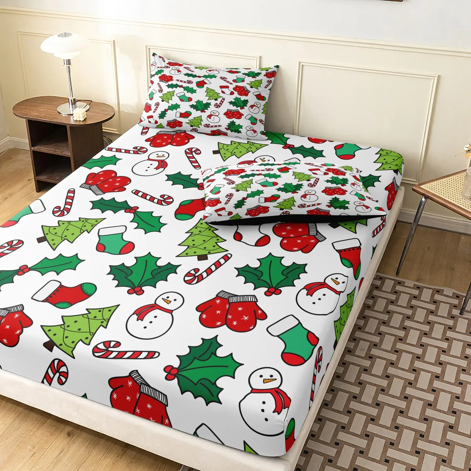 3 Pieces Cute Christmas Snowman Mini Xmas Tree Candy Cane Holly Mitten Stocking Print Fitted Sheet Set,  Winter Holiday Print Bedding, Soft Microfiber Festive Xmas Aesthetic Bedding Decor (1 Fitted Sheet + 2 Pillowcases, No Pillow)