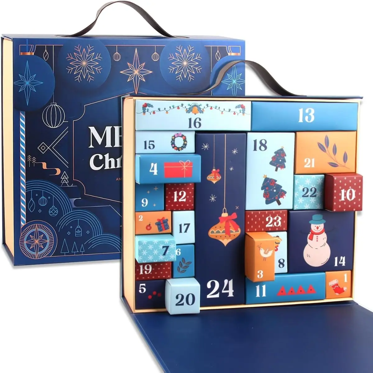 24 Compartment Navy Blue Advent Calendar Box, DIY Fillable Christmas Countdown Gift Packaging with Divided Sections for Mini Gifts, Surprise Box for Boyfriend, Girlfriend, Kids, Family and Friends, Holiday Present Organizer